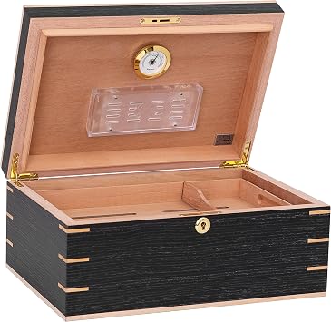 Messenia Desktop Cigar Humidor, Grey Oak with Maple Accents, Glass Hygrometer, Spanish Cedar Tray, Adjustable Dividers, Lock and Key Holds 45-80 Cigars
