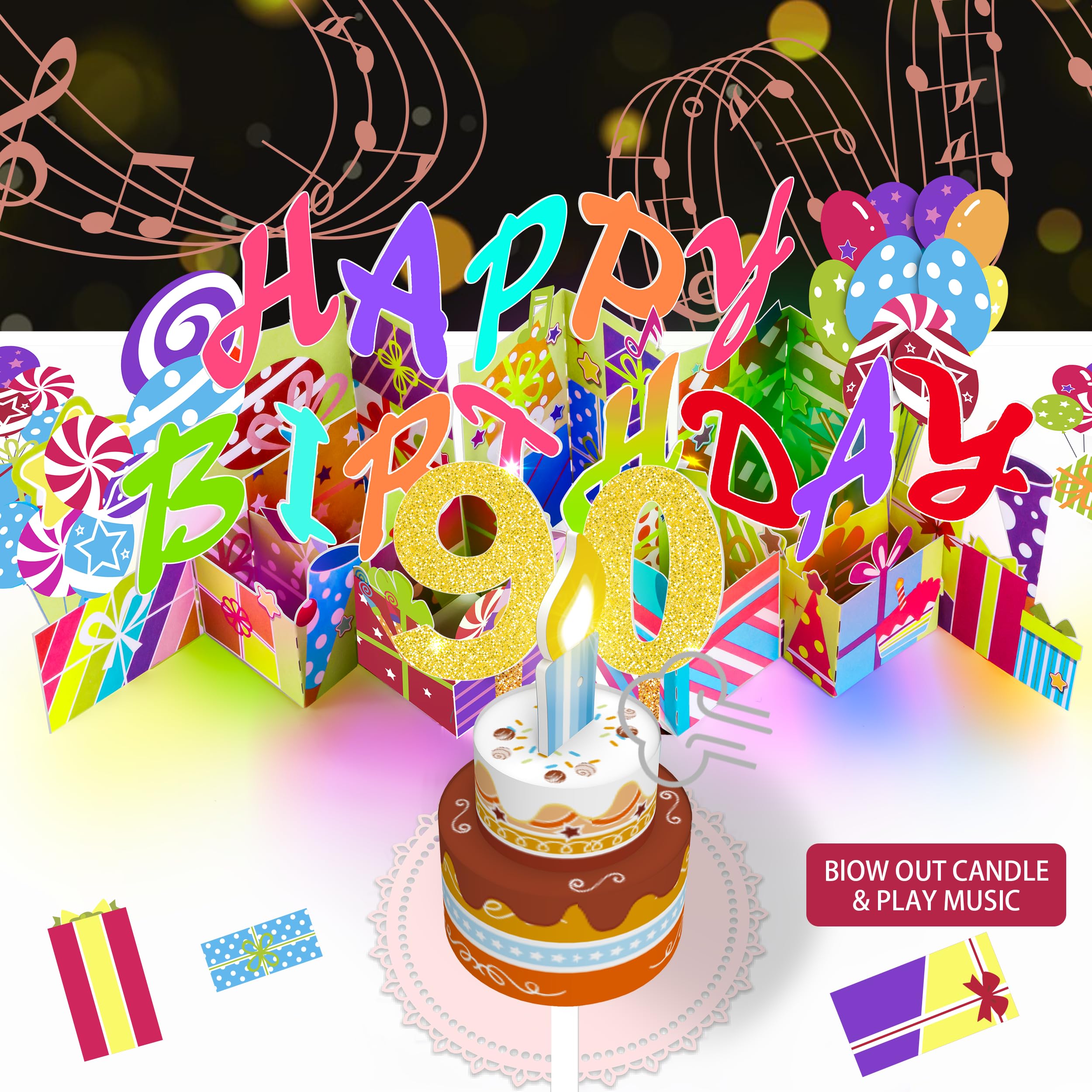 90th Pop-Up Musical Birthday Card, Blowable LED Candle for Women and Men