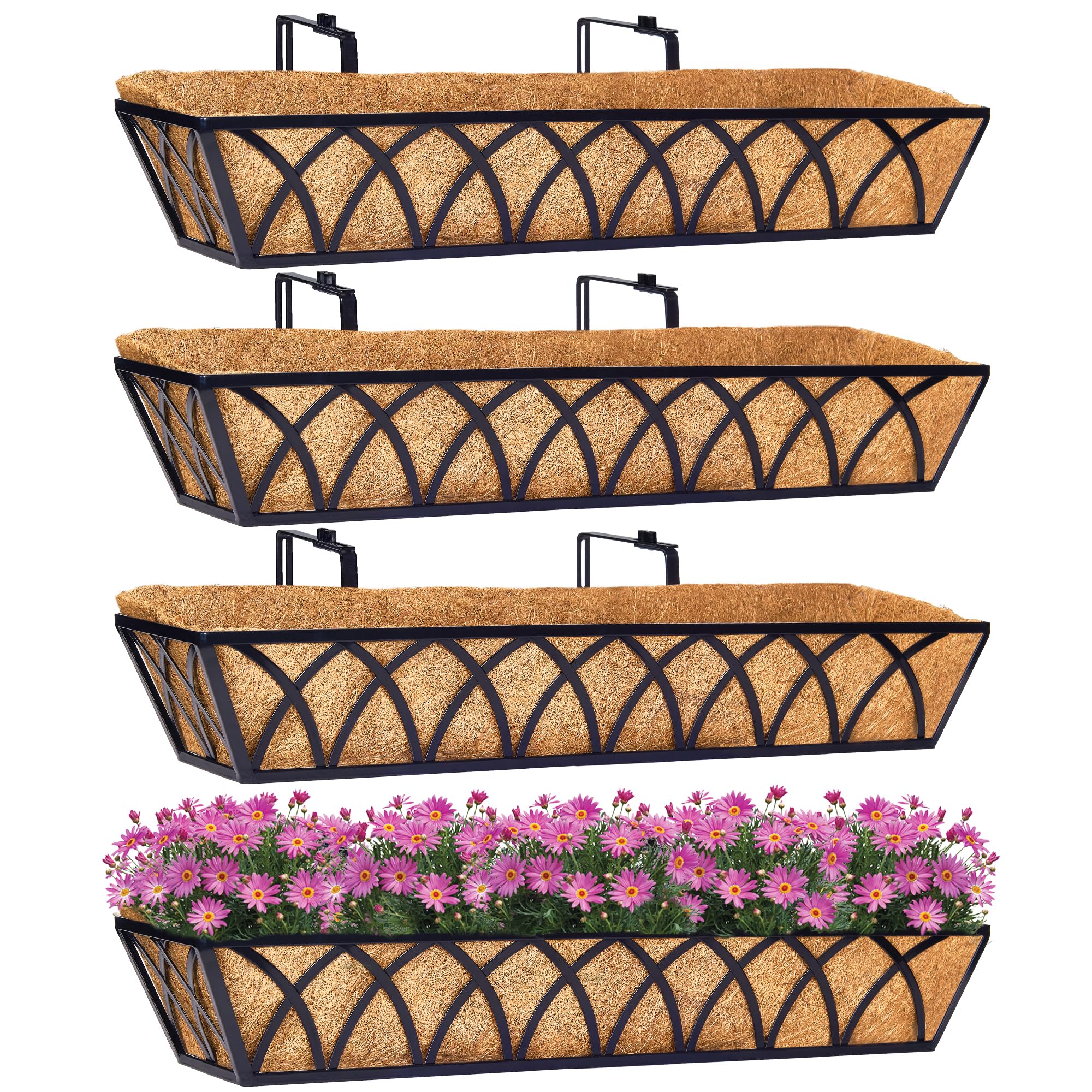 30 Inch Window Deck with Coco Liner Set of 4, 24" Window Boxes Horse Trough with Coconut Coir Liner,Metal Hanging Flower Planter Window Basket Deck Railing Planter Boxes for Outdoor Indoor Lawn