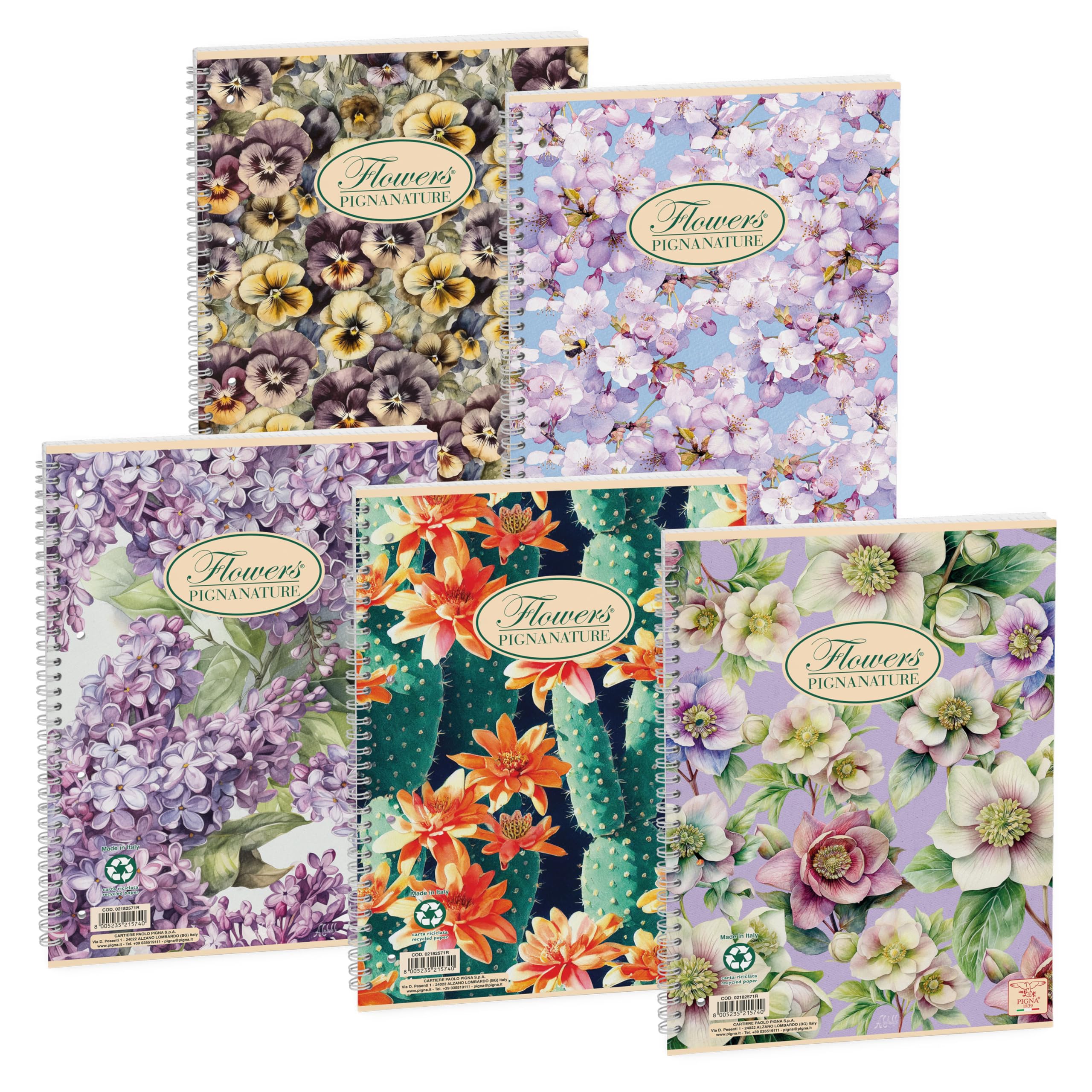 Pigna, Maxi Notebooks Spiralati Nature Flowers, A4 22 x 29.7 cm, with 4 Holes and Micro-Perforation, 1R Interior, Lines, 80 g, Recycled Paper, Assorted Subjects, 5
