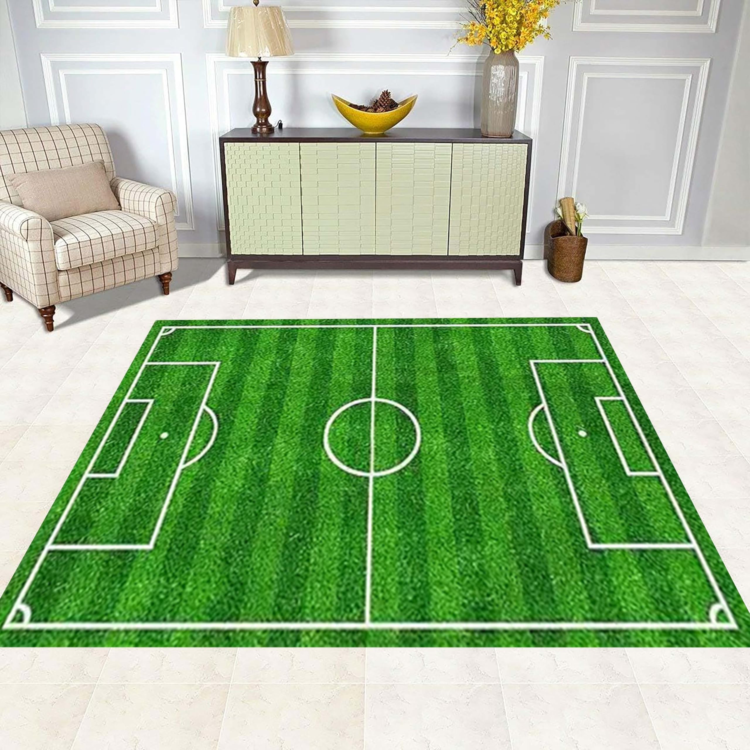Fußballteppich für Wohnzimmer, 160x230cm Fußballmuster, Teppich Mit Grünem Rasen-Fußballfeld-Motiv, Ideal für Schlafzimmer, Kinderzimmer, Spielzimmer und Mehr Bodenmatte fürs Kinderzimmer