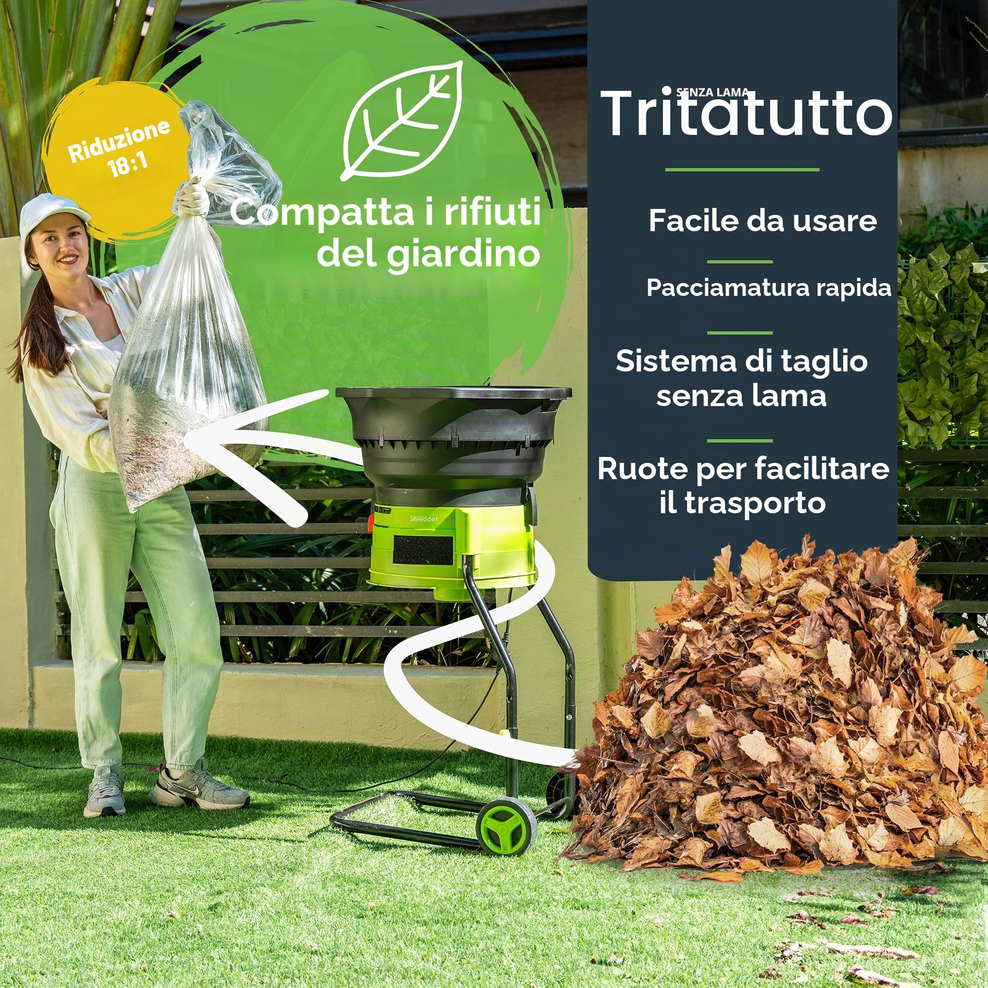 GreenSweep XL trinciafoglie e pacciamatore senza lama | Potente motore da 15 Amp, 9.000RPM per rapporto di riduzione 18:1