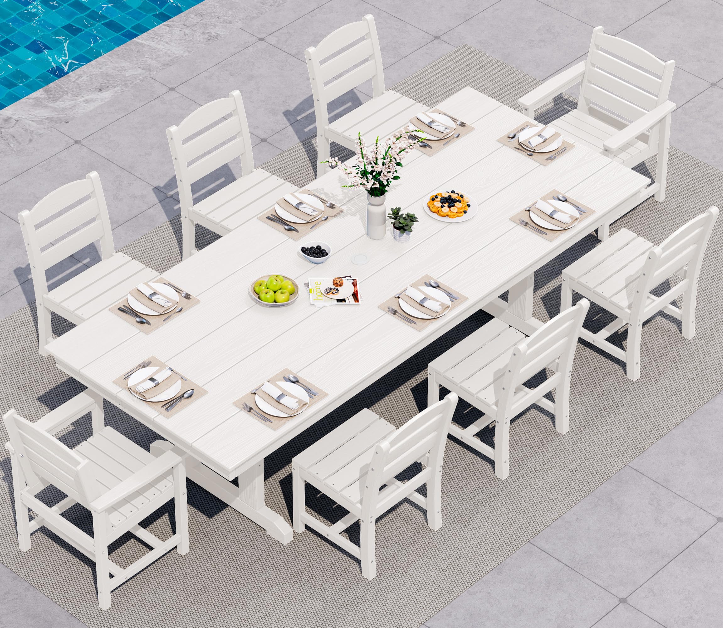 SERWALL 9Pcs HDPE Outdoor Dining Set w/6 Armless, 2 Armchairs for 8,White