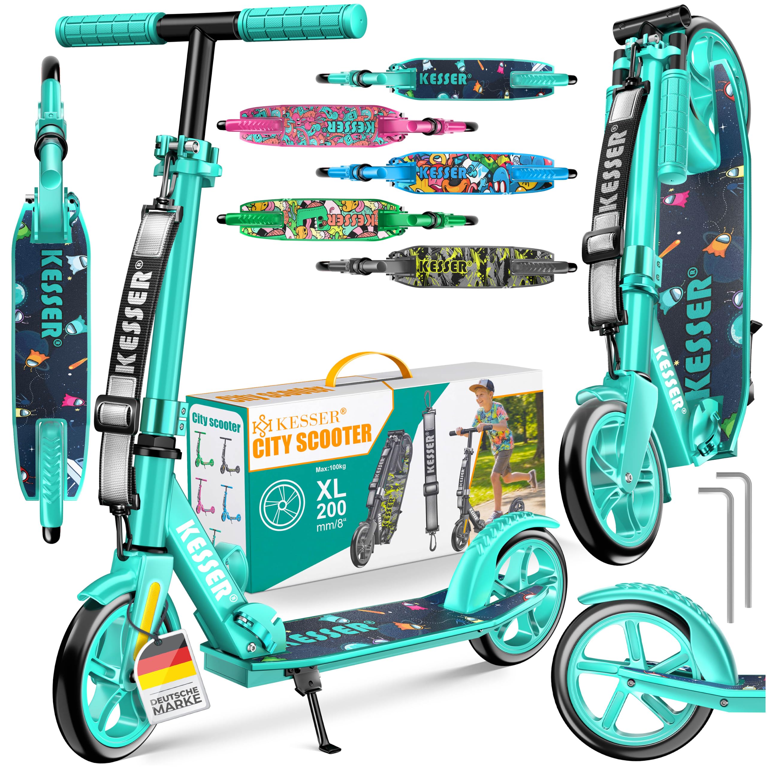 KESSER® Scooter Roller Kinderroller Cityroller Tretroller Kickroller klappbar höhenverstellbar, Kickscooter bis 100kg, Hinterradbremse, rutschfeste Trittfläche, bis 185cm Körpergröße, inkl. Tragegurt