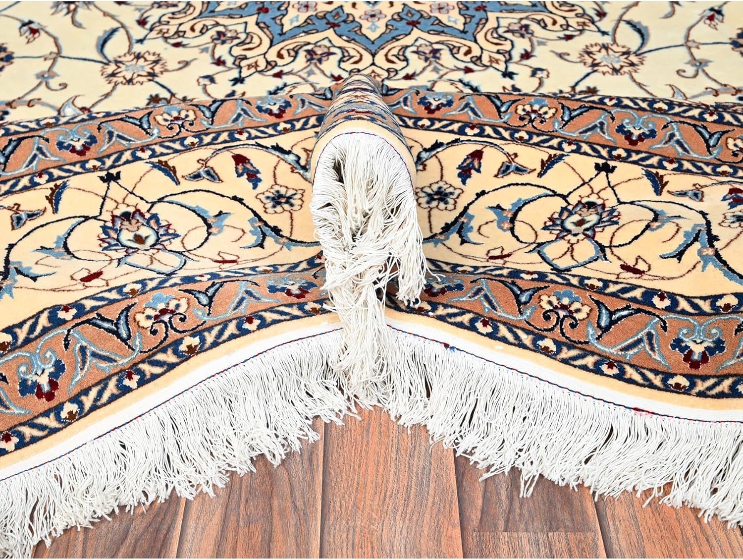 Ivory Nain 400 KPSI Hand Knotted Oriental Rug with Wool and Silk, 8'6"x11'8", Traditional Persian Design with Blue Medallion