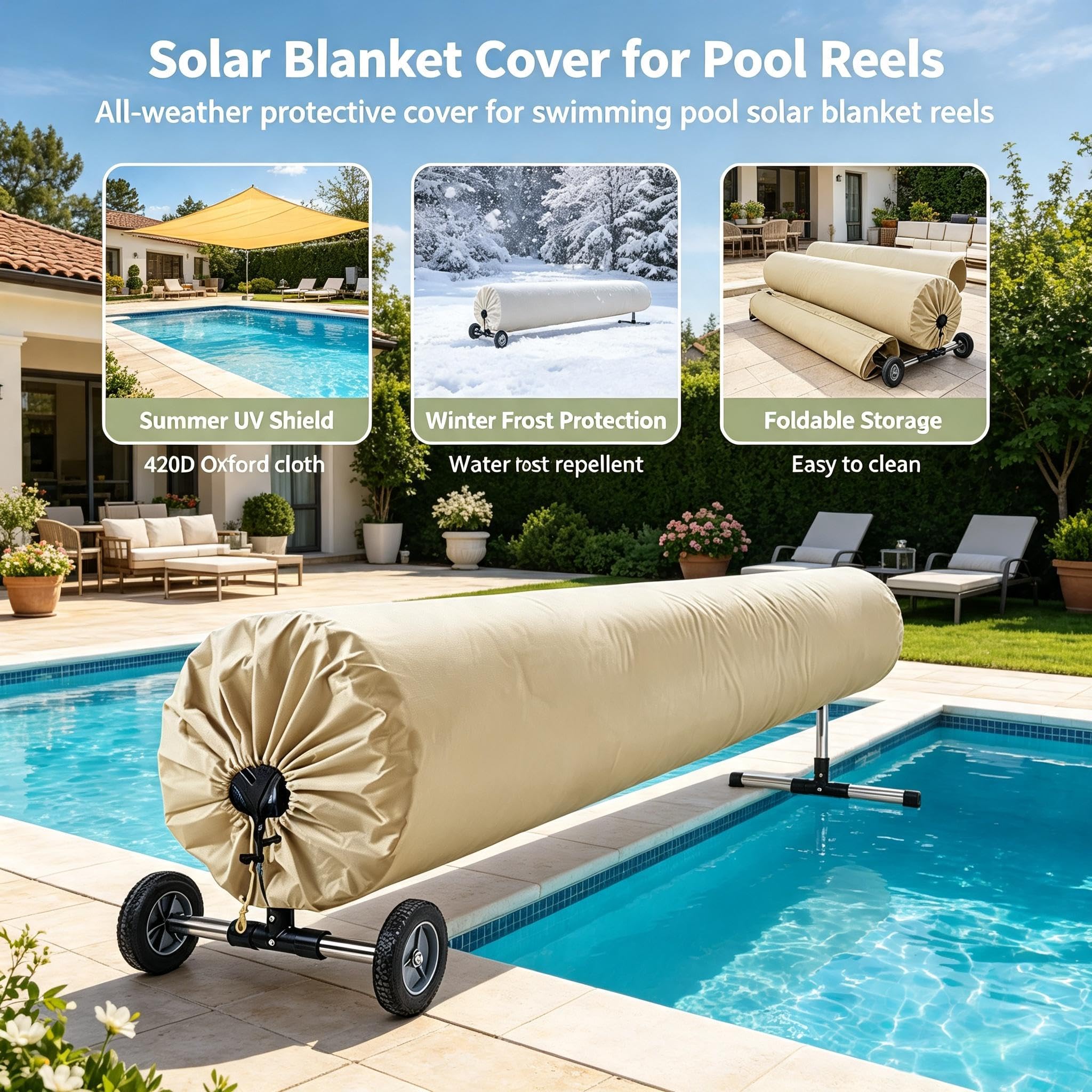 Enrouleur solaire pour piscine avec couvertures de protection en tissu Oxford 420D résistant Couverture solaire de protection pour jardin Couverture de piscine ovale Protecteur de citerne