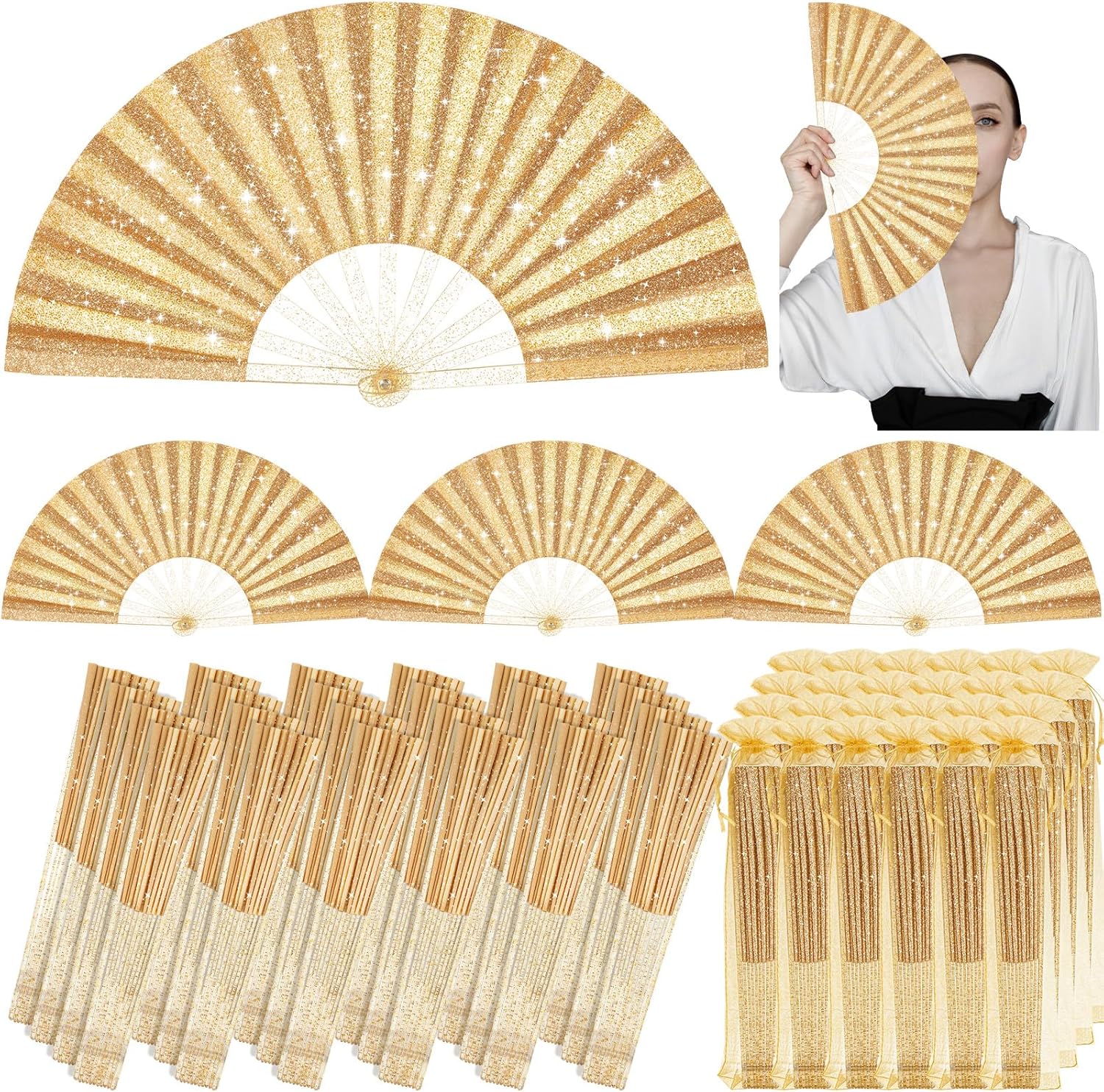 24 Pcs Glitter Large Rave Fans Bulk, Folding Handheld Organza Bag, Chinese Tai Chi Kung Fu Fan Gifts for Festivals Rainbow Outfits Edm Wedding Performance Dancing Party(Gold)