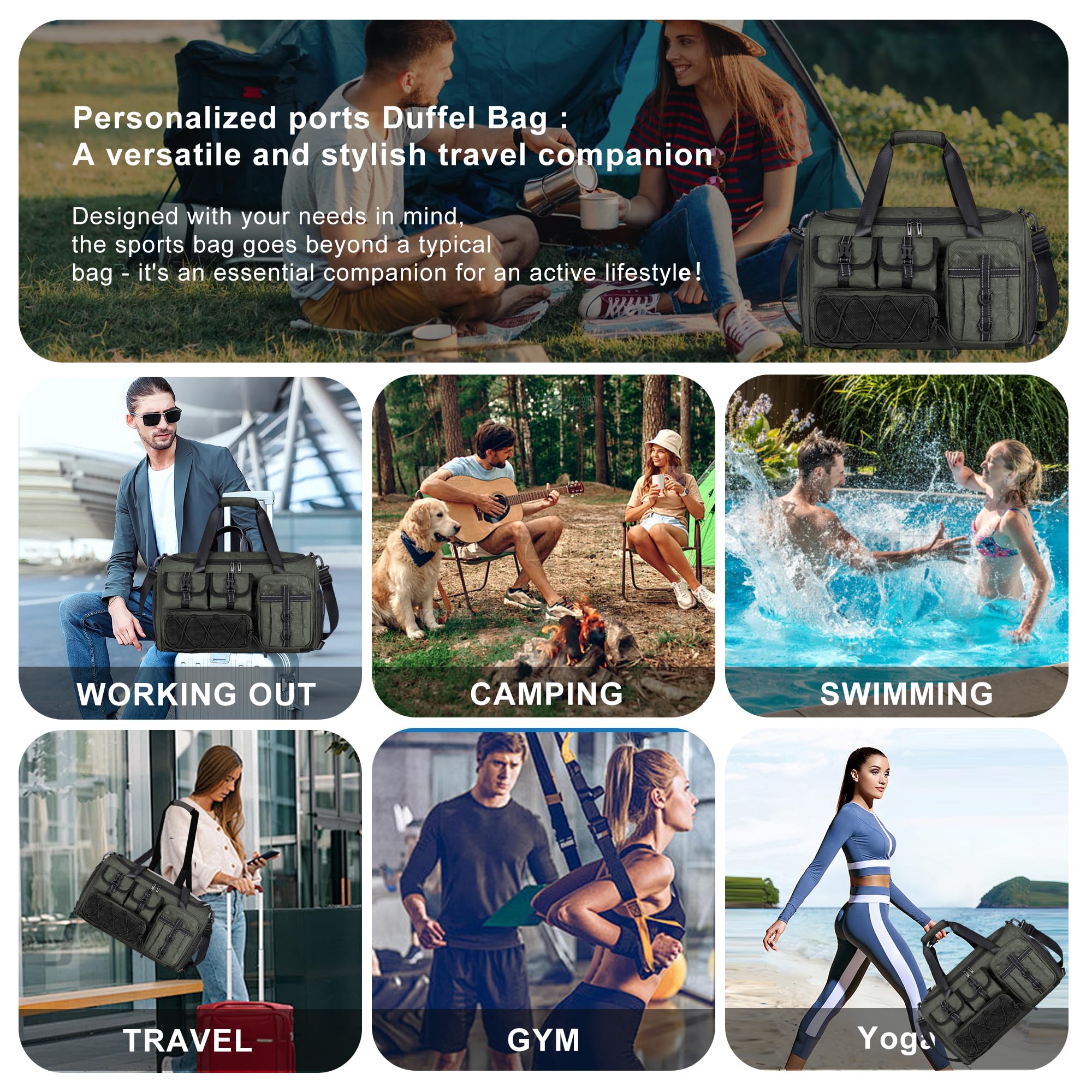 4 in1Sports Borsone da palestra impermeabile con scomparto per scarpe; borsa per oggetti personali con tasca bagnata; borsa spessa per la notte e borsa da weekender, borsa da palestra per donne e