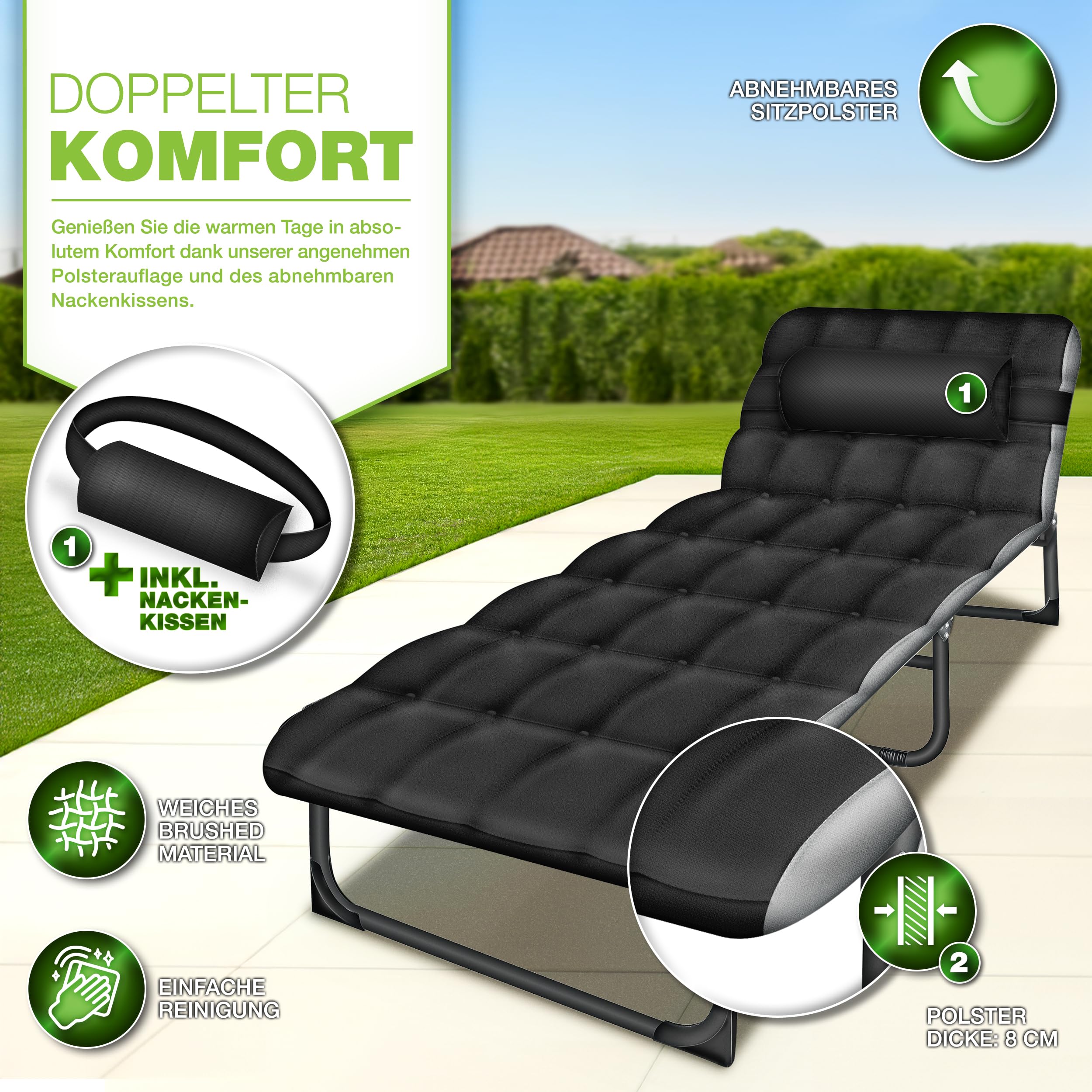 tillvex® Campingbett klappbar mit Nackenkissen & Seitentasche bis 280 kg | Campingliege Sonnenliege mit Polster | Feldbett Outdoor & Indoor | Klappbett Gästebett faltbar Garten Camping Festival Reise