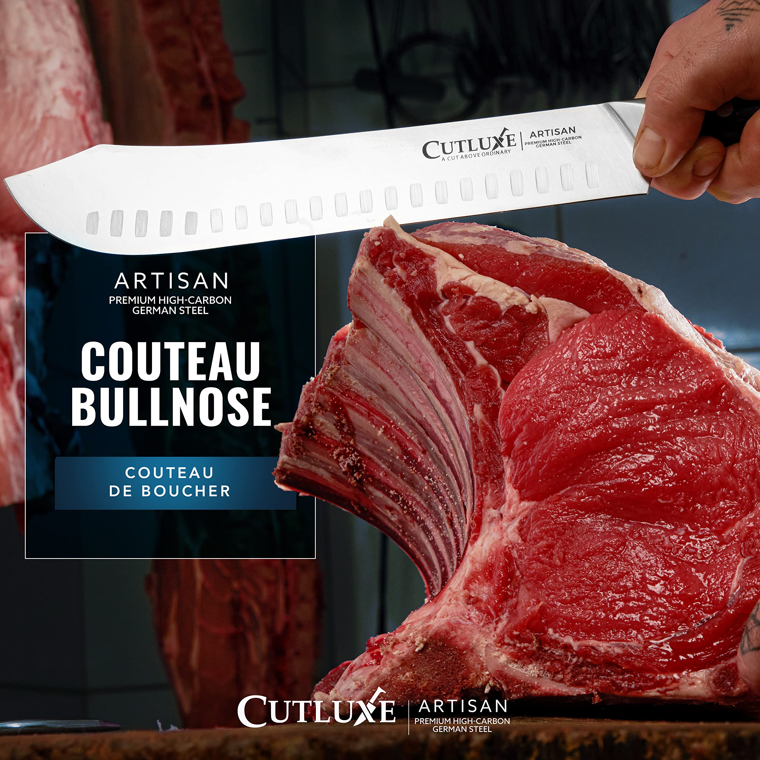 Cutluxe Couteau de Boucher Bullnose - Couteau a Viande 25cm - Acier Allemand à Forte Teneur en Carbone - Couteaux de Chef Professionnel Tang Complet - Série Artisan