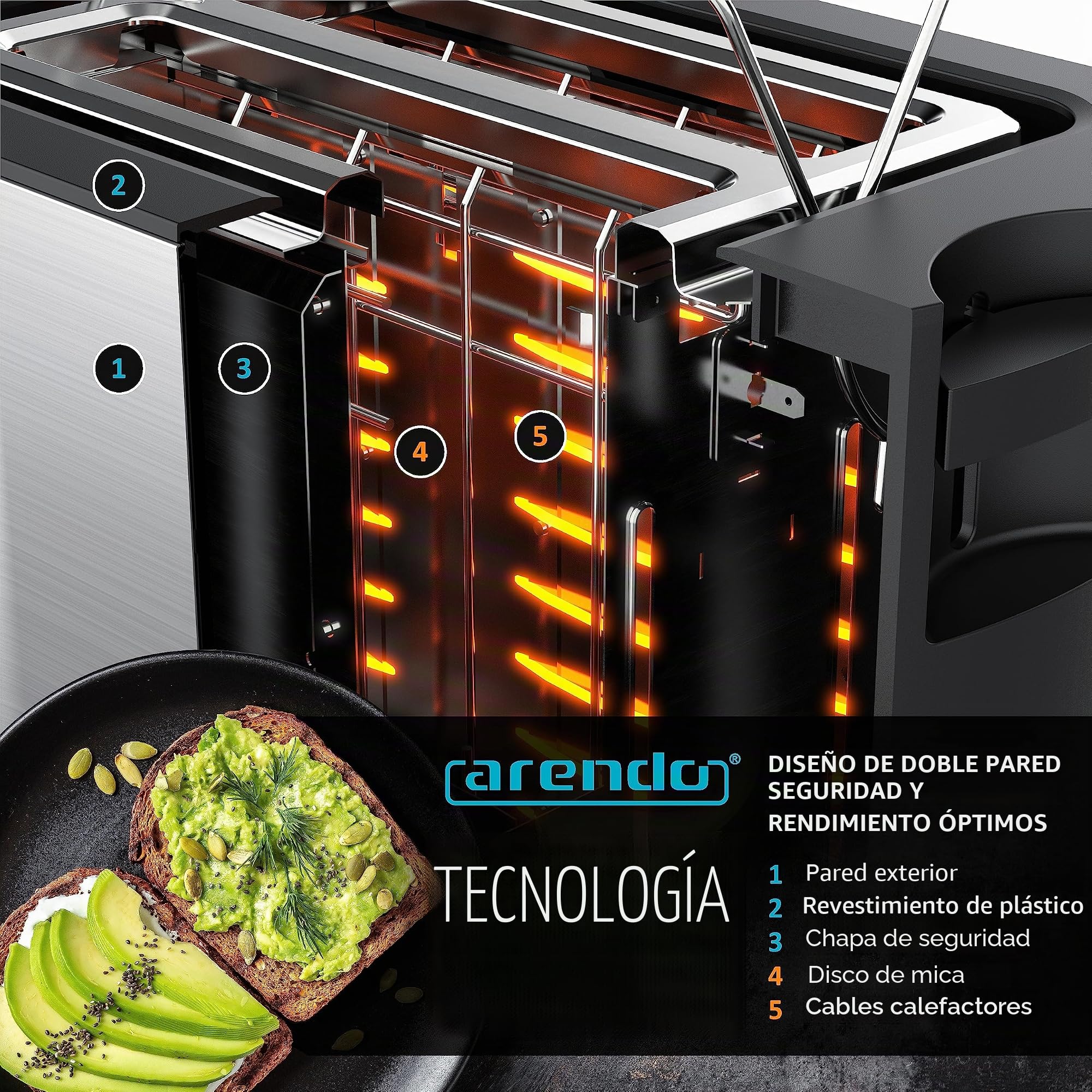 Arendo – Tostadora táctil de 2 rebanadas de acero inoxidable, pantalla táctil digital del tiempo restante – 800 W – Caja de doble pared – con rejilla recalentadora de bollería – 7 niveles de bruñido