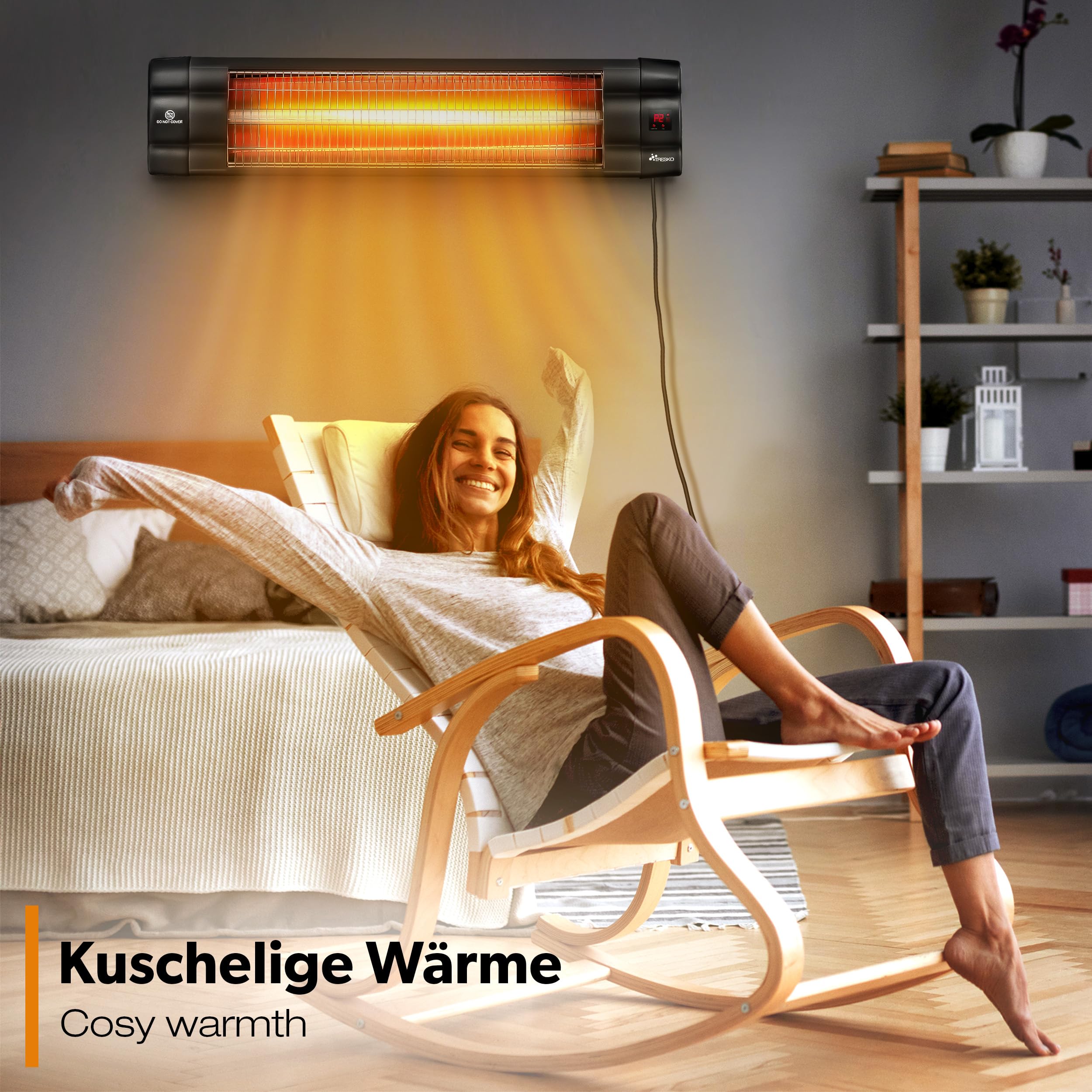 TRESKO Infrarot Heizstrahler 2500W mit Fernbedienung | Wärmestrahler Terrasse elektrisch mit 3 Heizstufen | Terrassenstrahler Innen & Außen | Wand-Infrarotstrahler mit LED-Anzeige Quarzstrahler