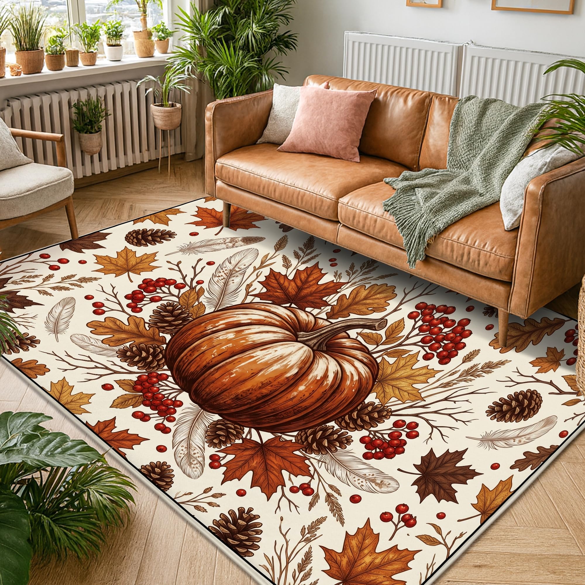Alfombra de área de calabazas, rústica, tradicional, hojas, bayas, otoño, naranja, de pelo bajo, alfombra rectangular para el suelo, alfombras de suelo para sala de estar, dormitorio, aula, decoración