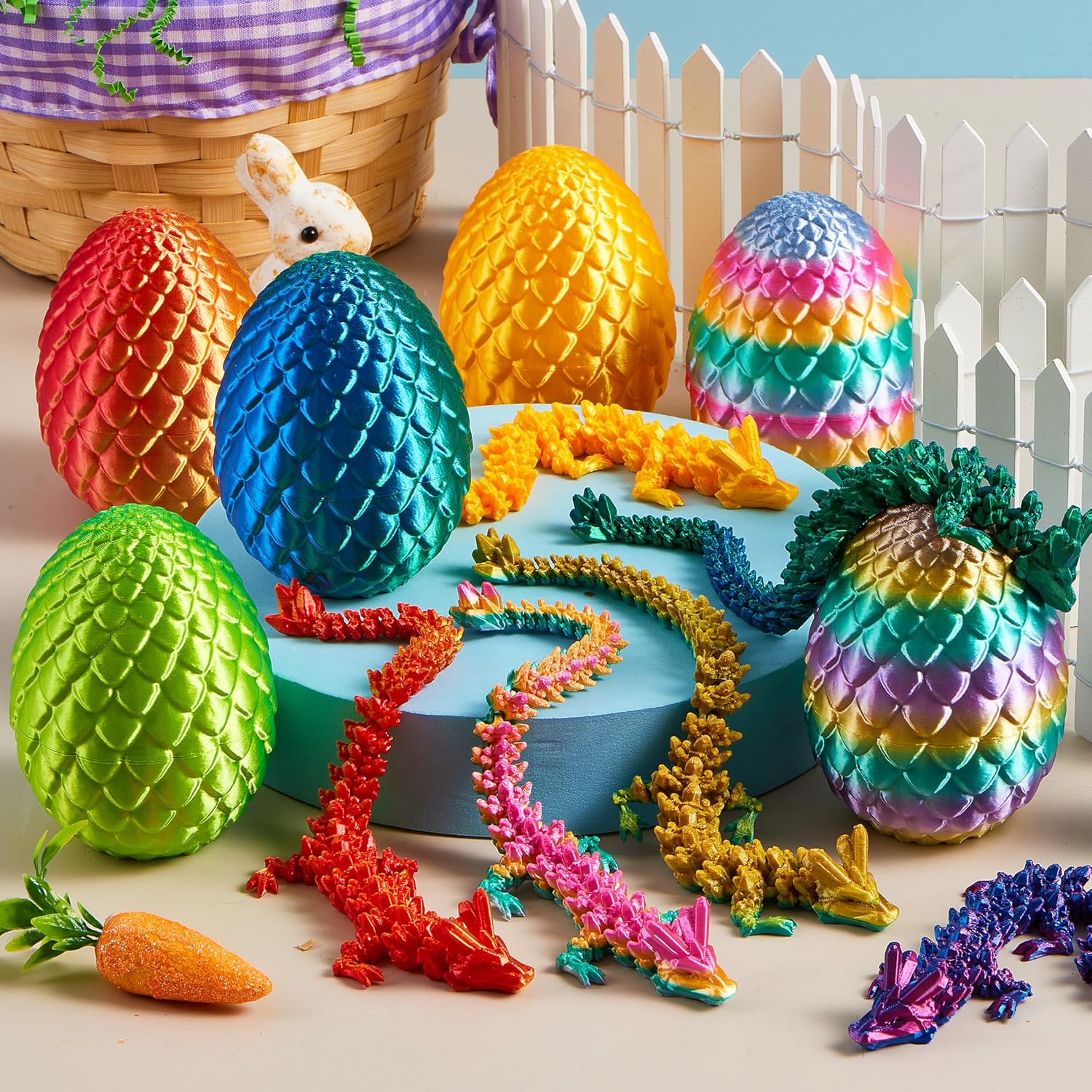 JOYIN 8Pcs 3D Printed Dragon Eggs with Laster Color Dragon, Articulated Magic Toys, Easter Basket Stuffers for Kids Party Favors, Easter Egg Hunt, Classroom Prize Supplies