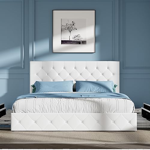 Miniatura 11 de HOOMIC Base de cama de almacenamiento de plataforma de tamaño matrimonial con 4 cajones y cabecera ajustable, listones de madera, no necesita Negro,