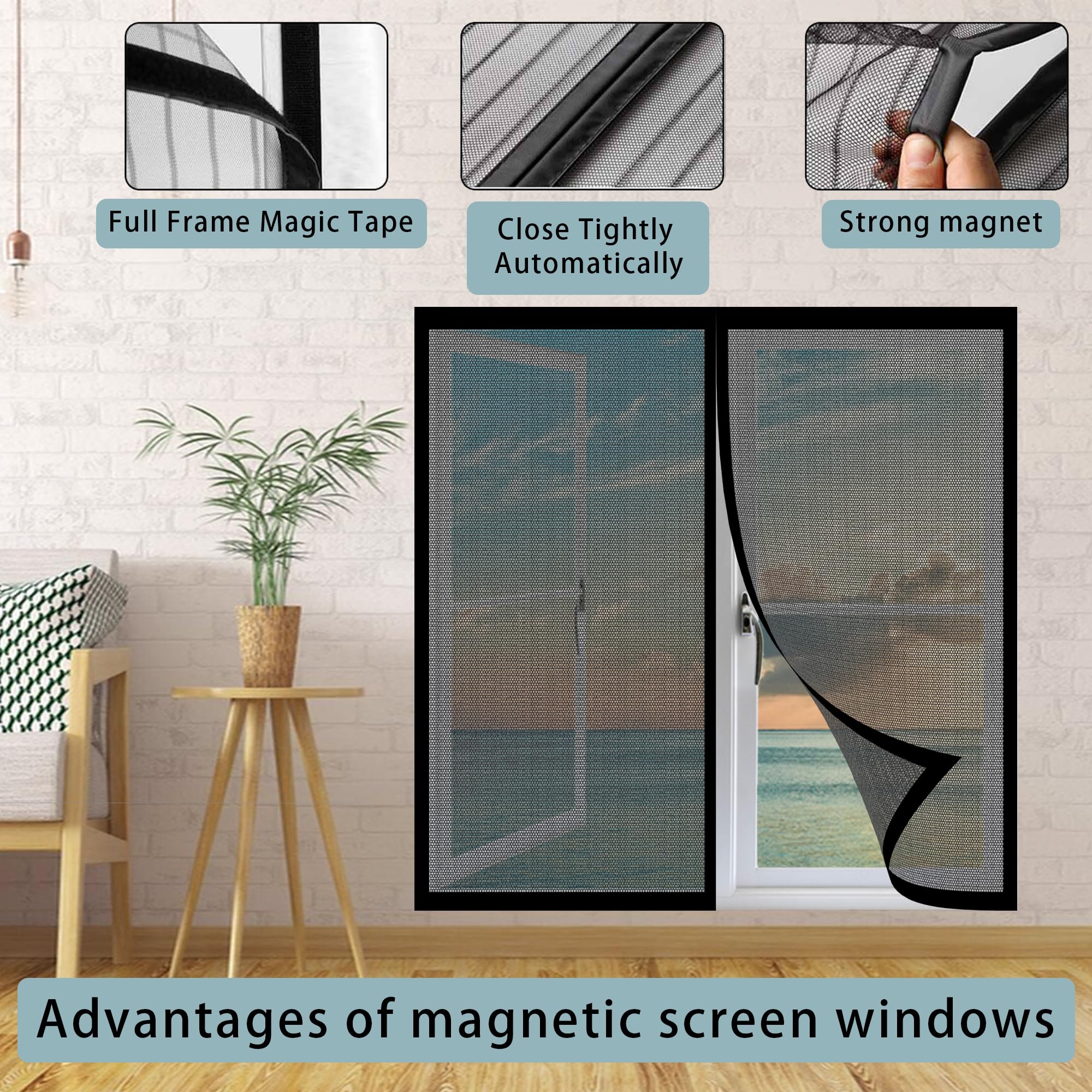 Fliegengitter Fenster Magnetisch 244 x 244 cm Insektenschutz Fensternetz Ohne Bohren mit Starkem Klettband für Terrassentür Und Fenster, Schwarz