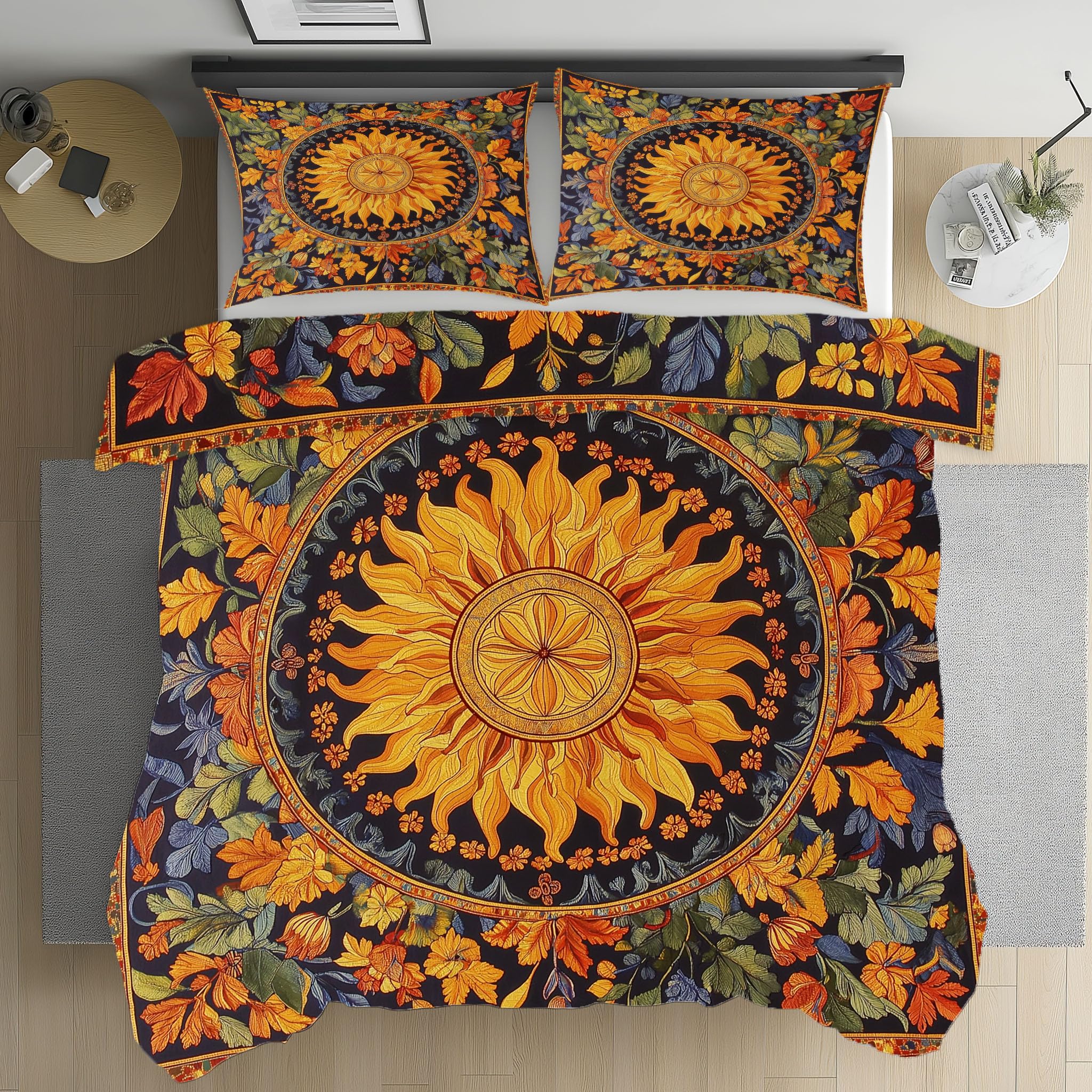 Housse de couette 220x240 avec taies motif mandala en microfibre pour lit double