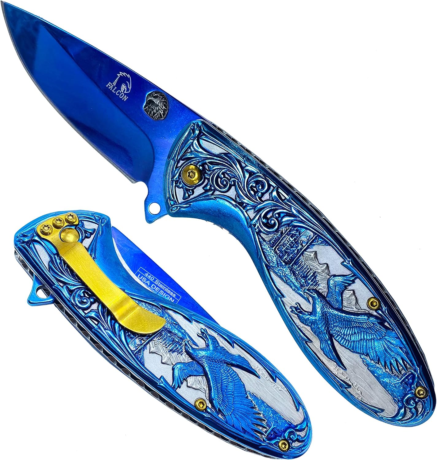 Falcon 8 Inch American Eagle Engraved Folding Pocket Knife Stainless Steel Blade, Frost Woods & Mountains Design, Manual opening Open with Pocket Clip (Blue)