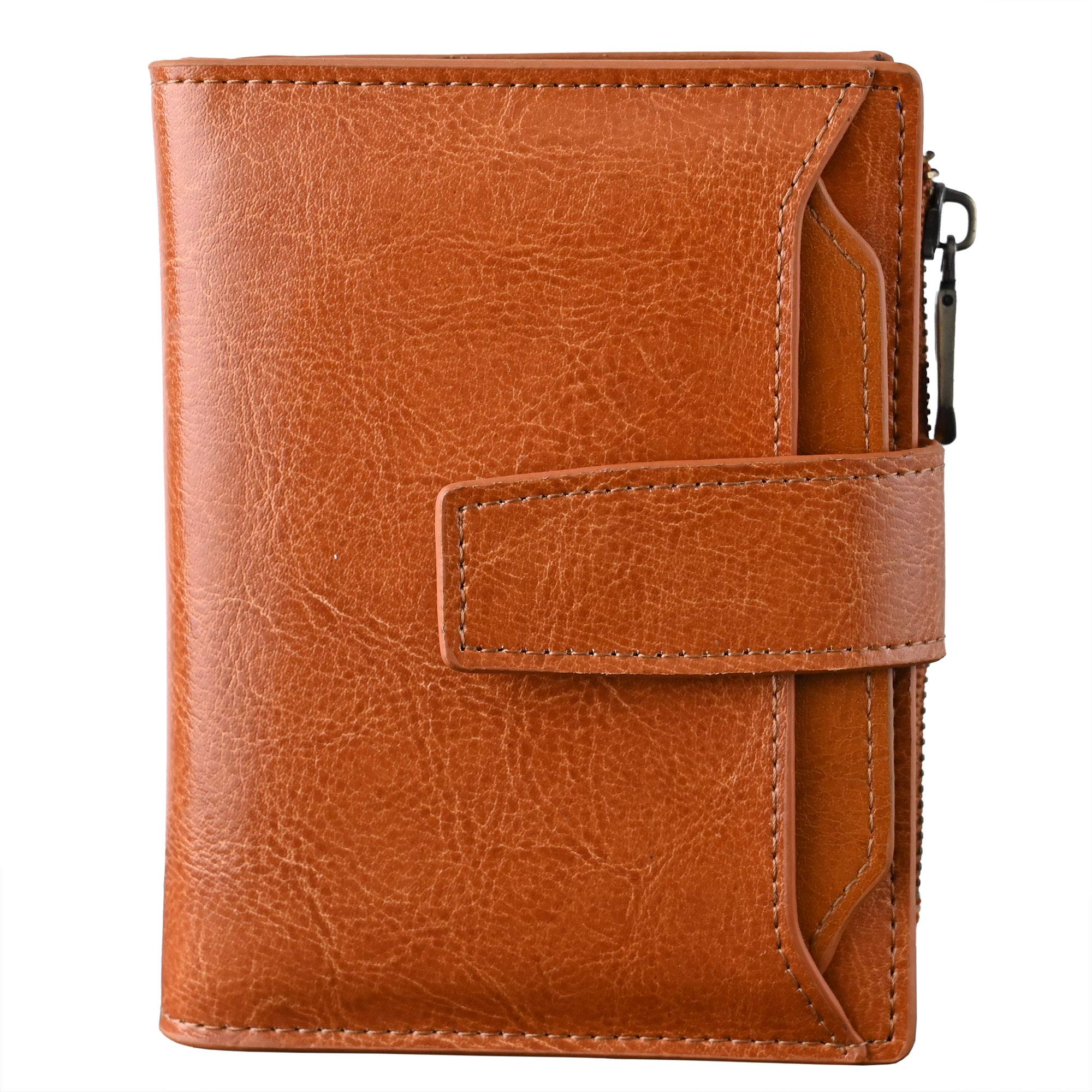 Bveyzi Women's Small Leather RFID Blocking Bifold Zipper Pocket Wallet Ladies Credit Card Slots Purse with id Window(Brown)