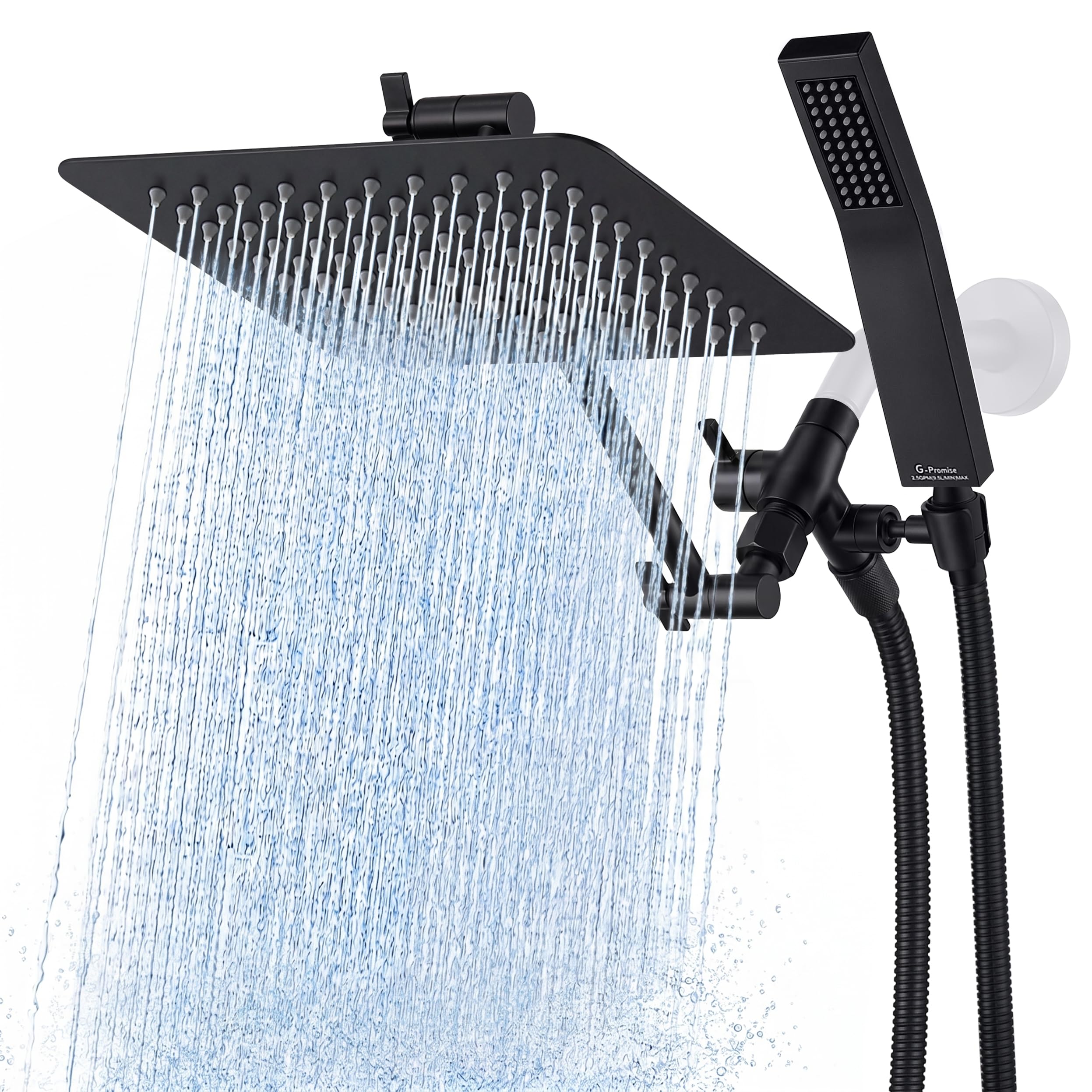 G-Promise All Metal 8 Inch Dual Square Shower Head with Handheld Spray Combo, Rain Shower Head, Adjustable Extension Arm, 3-Way Diverter, 71 Inch Extra Long Hose - A Bathroom Upgrade (Matte Black)
