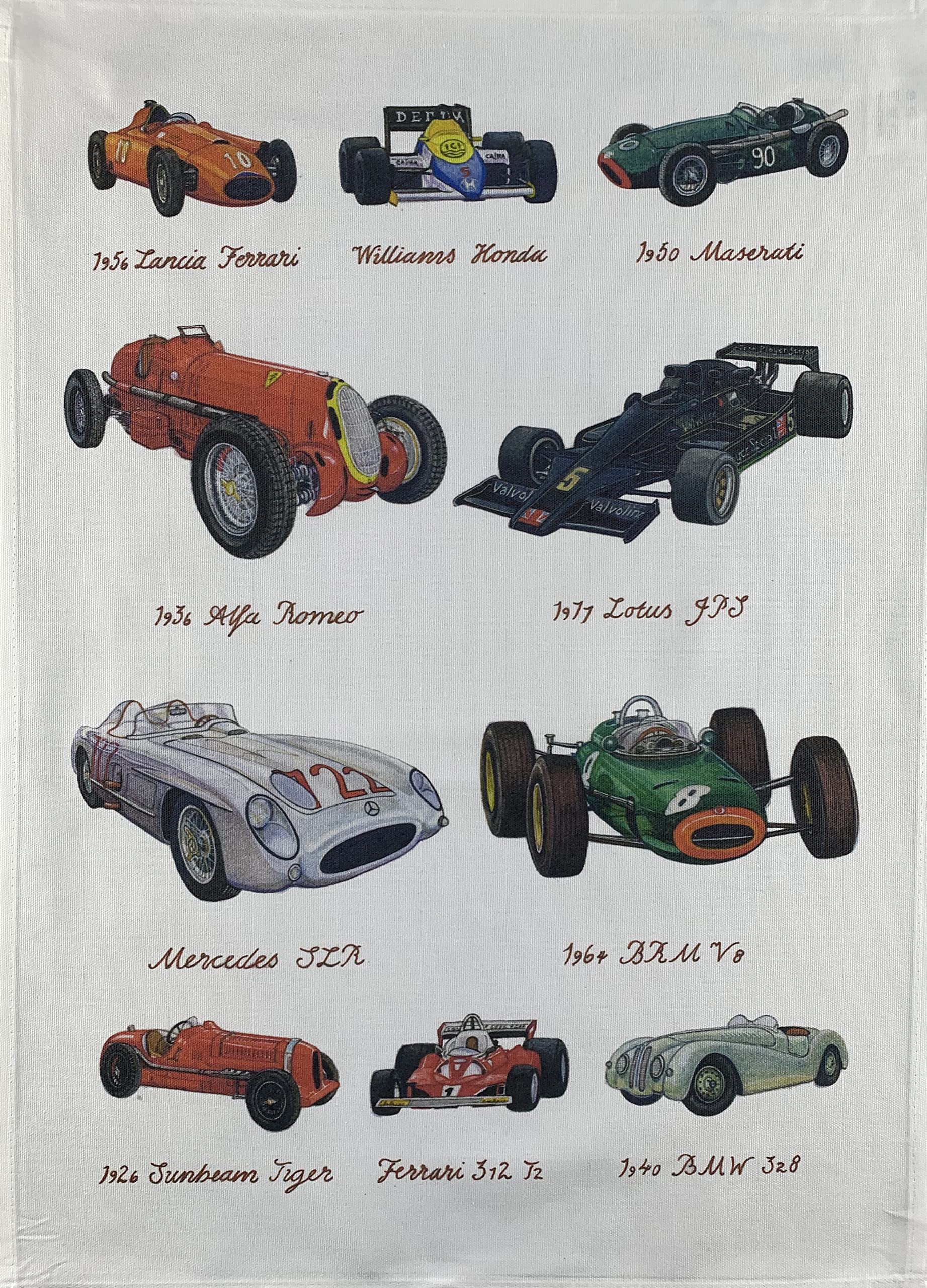 Half A Donkey White Hand Drawn Racing Cars Large Cotton Tea Towel