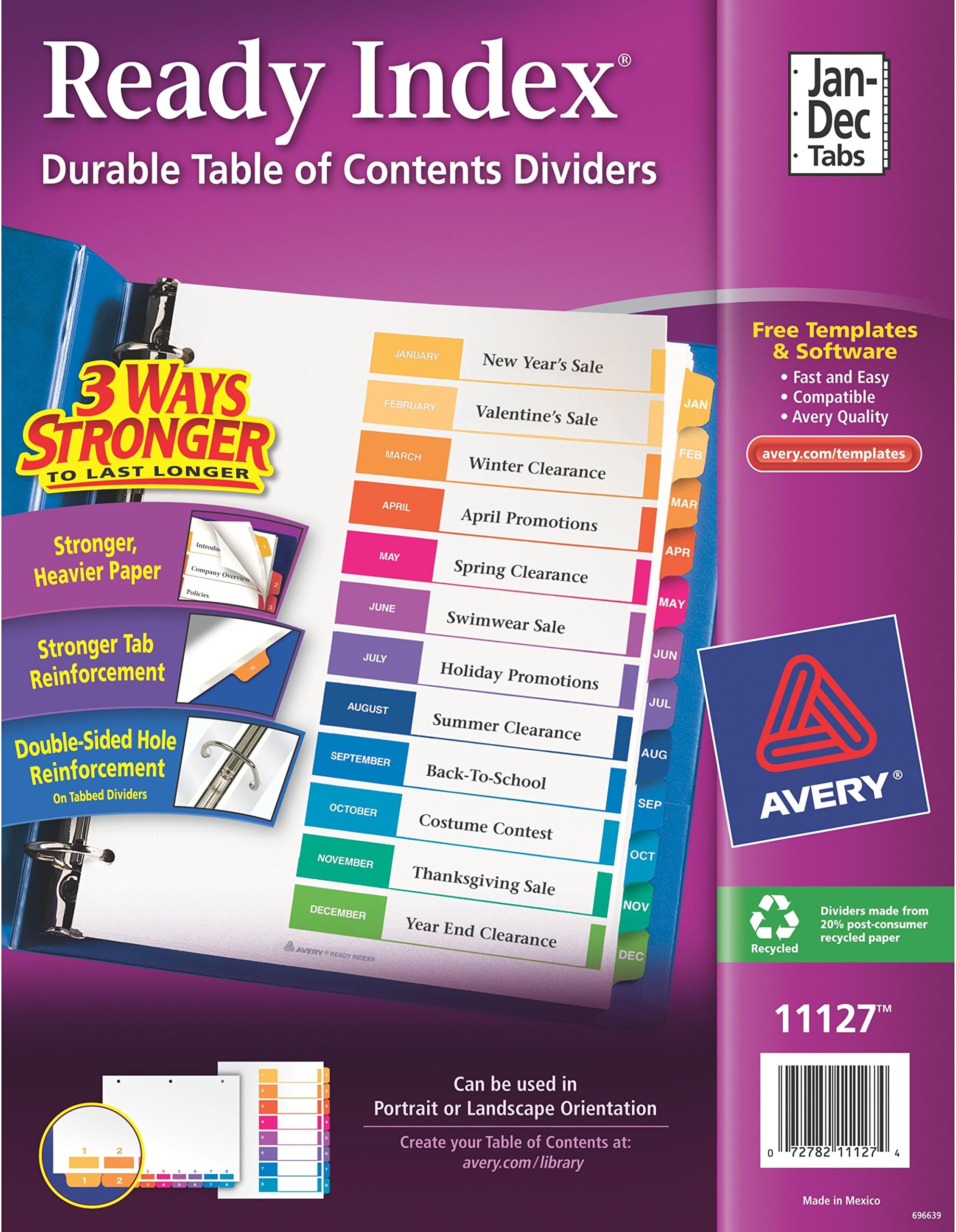 Avery Ready Index Table of Contents Dividers, Jan-Dec, 12 Tabs, Case Pack of 24 Sets (11127)