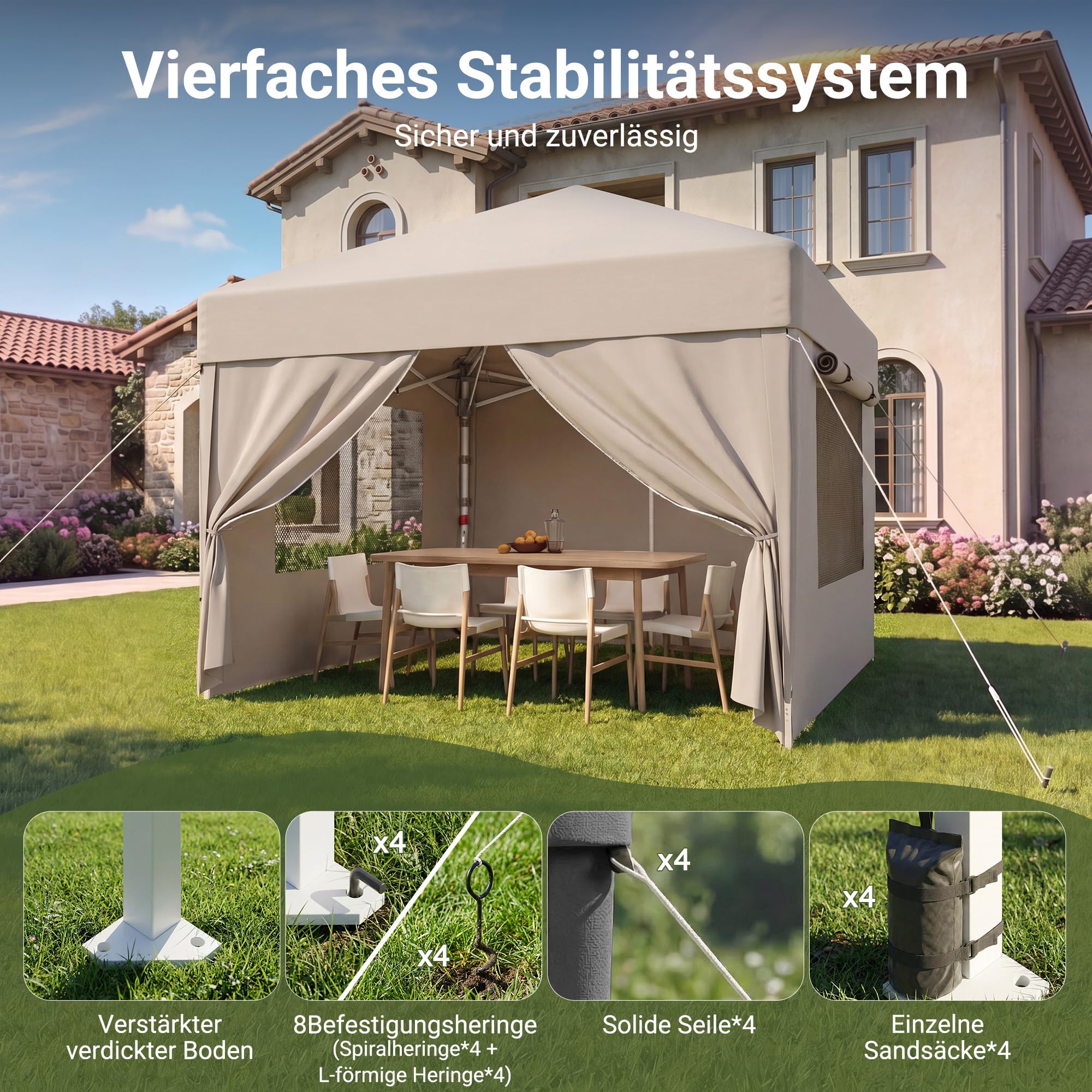 JUMMICO 3x3m Faltpavillon mit Insektenschutz & Belüftung｜Rollos + Lüftungsfenster｜1-Minuten Schnellaufbau｜10cm höhere Dachfläche,Beige