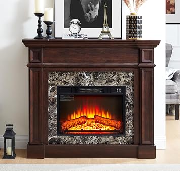 Electric Fireplace with Mantel, Fireplace Mantel, Fireplace Heater Freestanding, Realistic Stacked Stone Surround with Remote Control Timer LED Flame, Cherry, 45.66" W*11.8" D*40" H