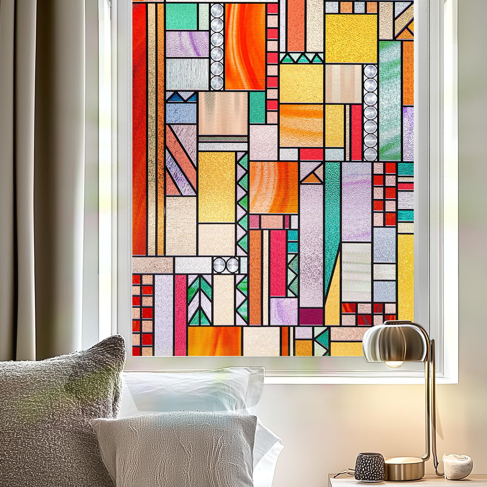 ohtmeru 3d stained glass window privacy film, heat control uv blocking static cling decorative window film for bathroom,front door,home non adhesive,23.6 x 35.4 inches autumn reverie