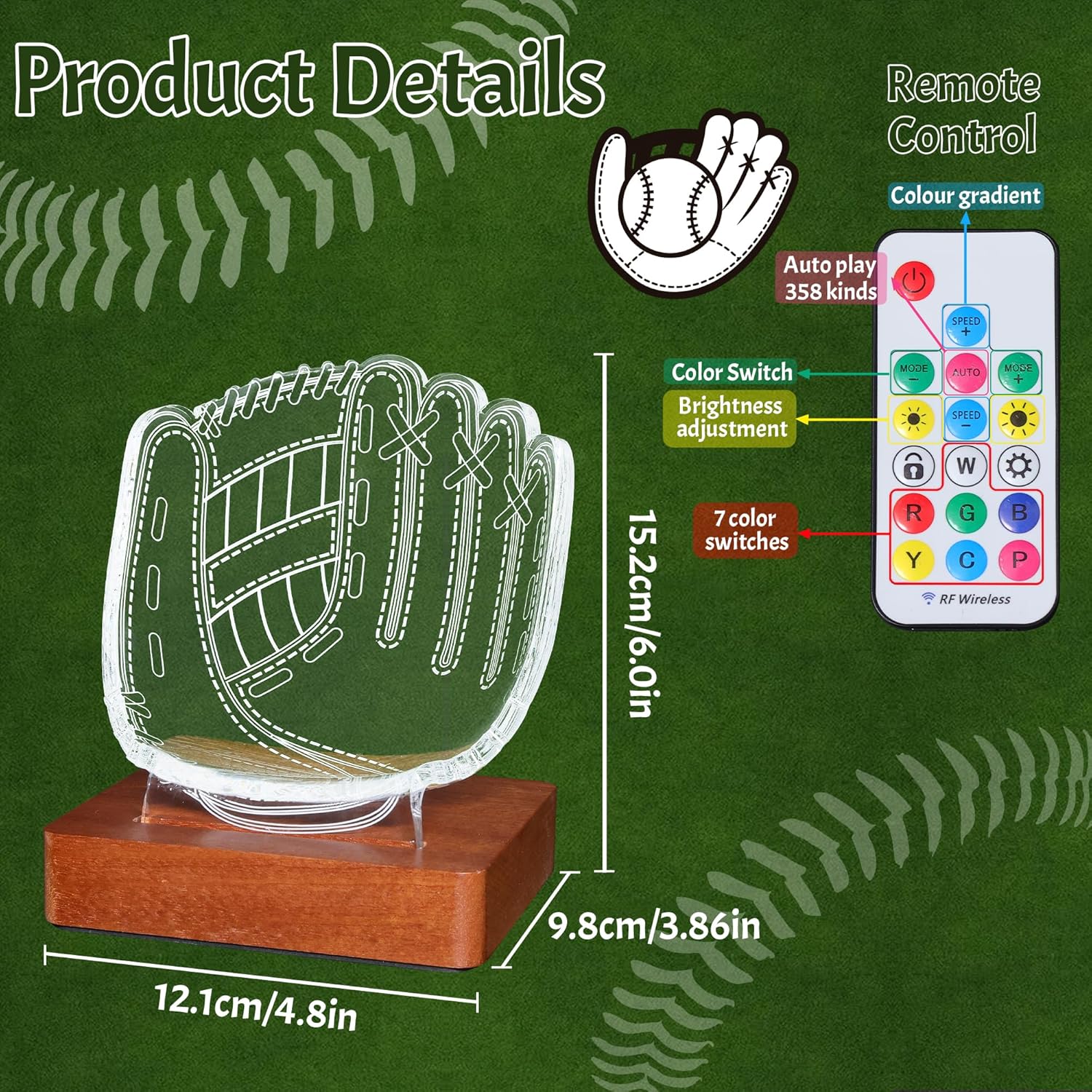 CoolGift Mart Light Up Baseball Glove Display Stand, Acrylic Wooden LED 3D Night Lamp with USB Powered, Desk Decor Lamp for Bedroom College Dorm, Gift for Baseball Players Lovers