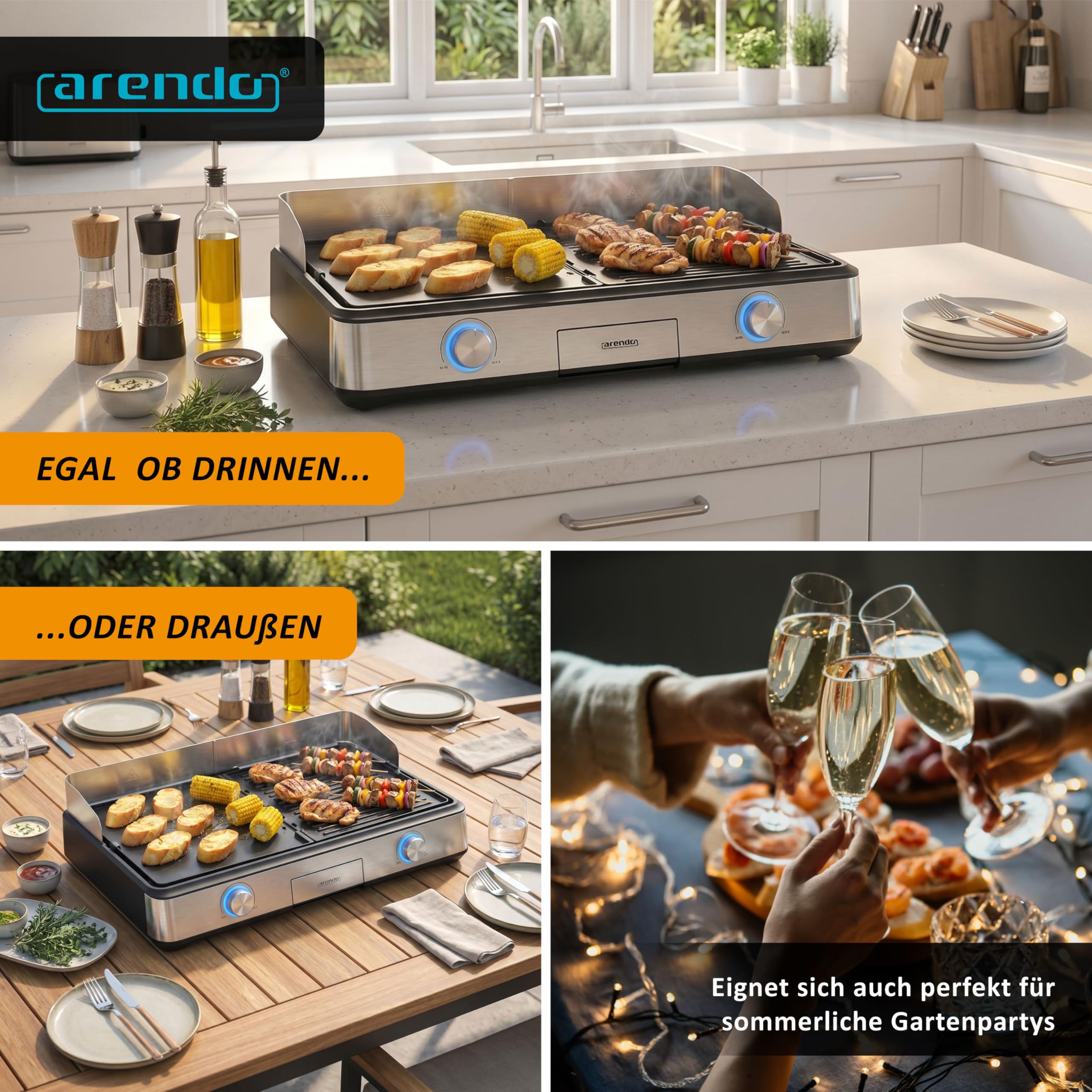 Arendo - Tischgrill elektrisch mit 2 Grillzonen - Electric grill 2 Thermostate - Elektrogrill Edelstahl – 2800W Leistung – Antihaft-Beschichtung –Spritzschutz – Für Balkon Küche Terrasse Garten