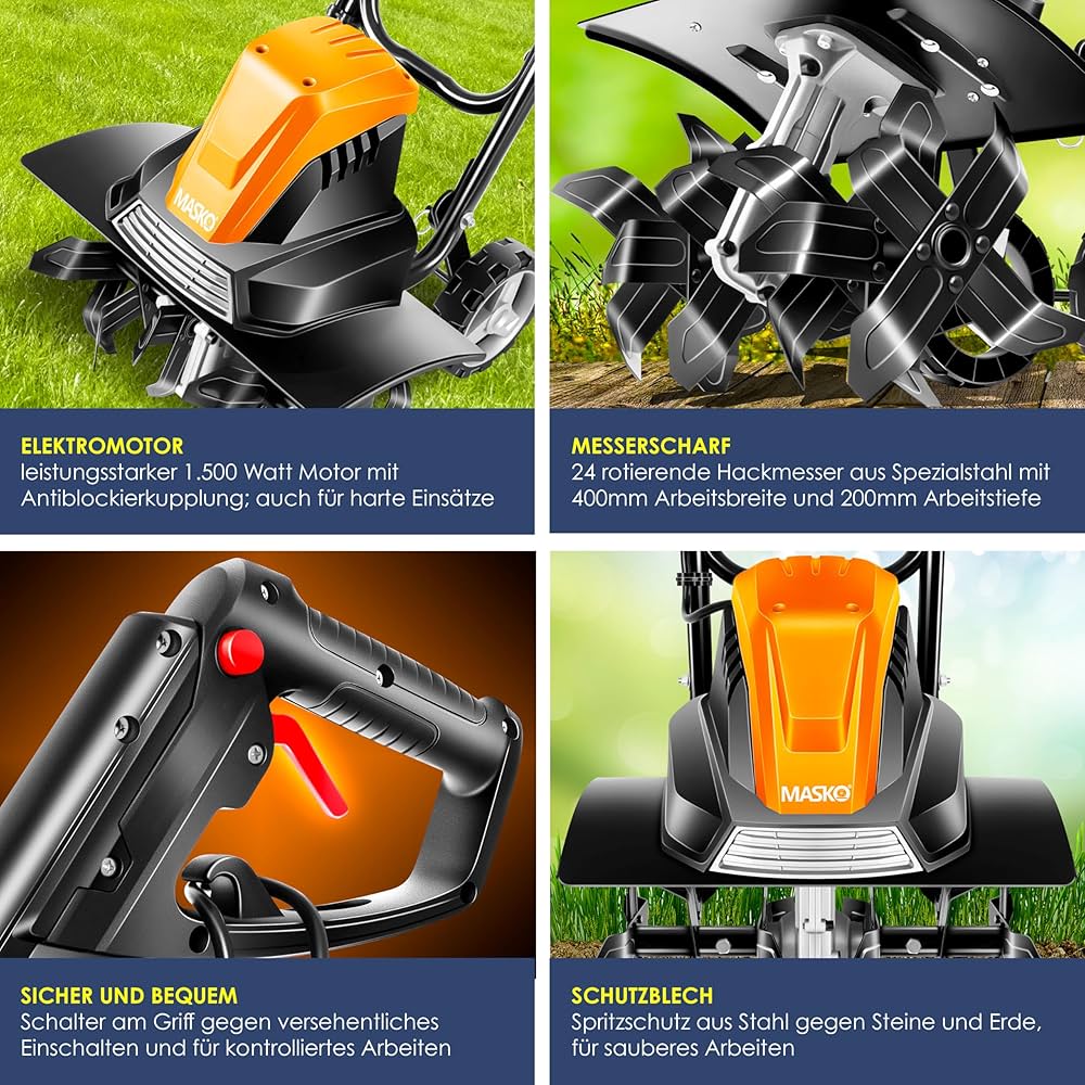 Motobineuse Électrique 1500W MASKO - Largeur 40cm, Profondeur 20cm - 24 Lames - Silencieuse Et Maniable