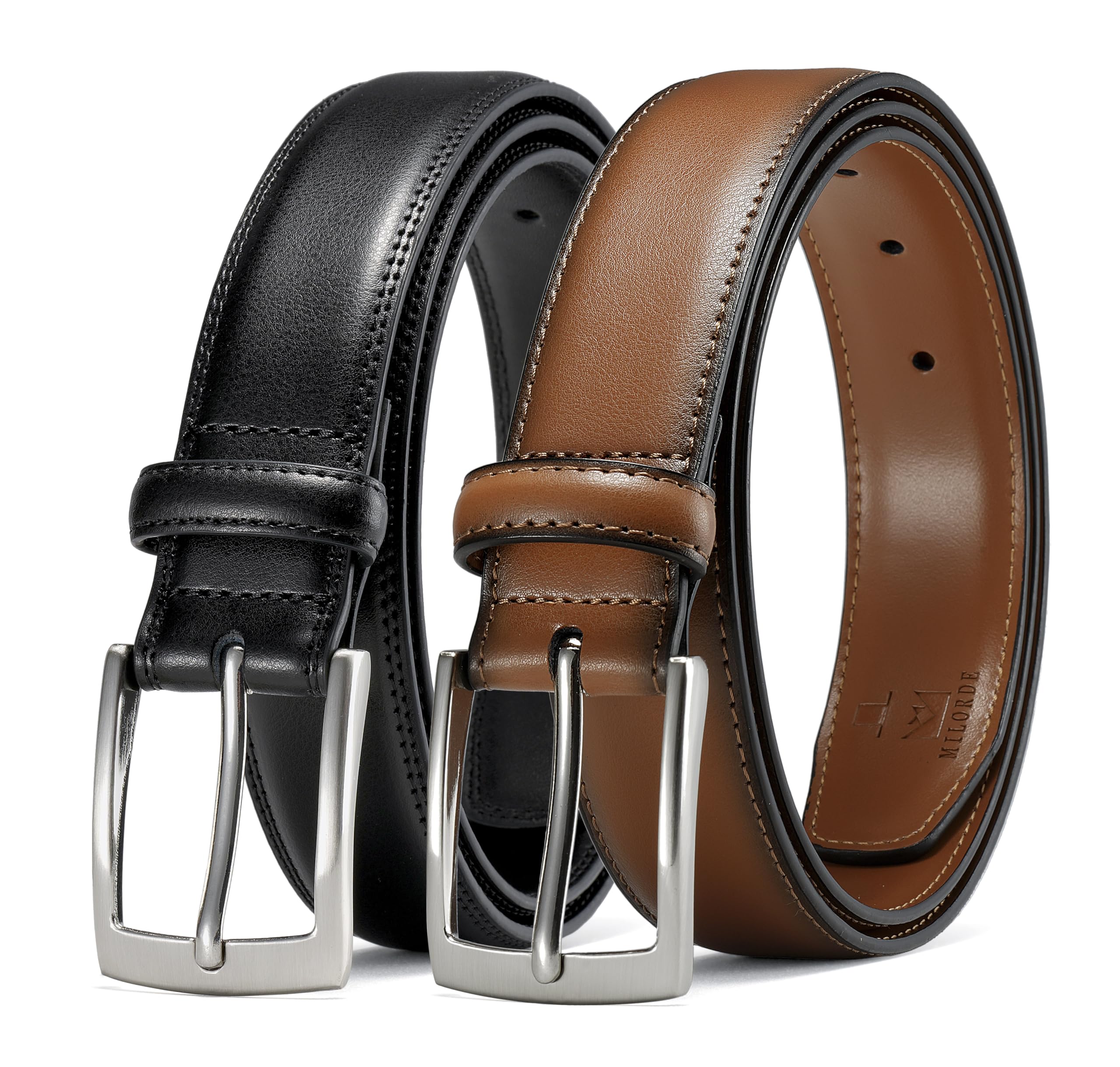 MILORDE Men's Leather Dress Belt 2Pack, Handmade, Genuine Leather, Fashion & Classic Designs for Work Business and Casual