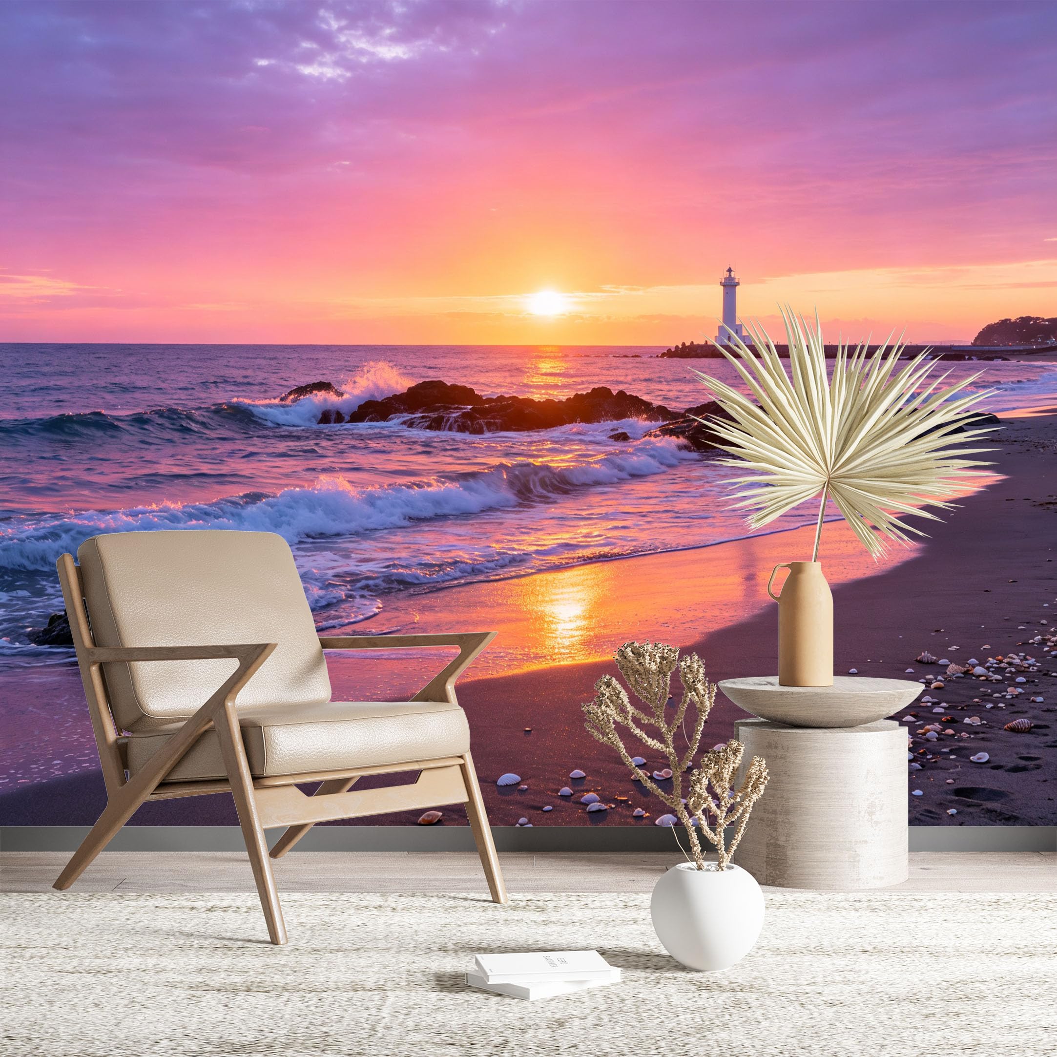 Custom Size Wall Murals Pink Sunset Beach with Lighthouse Wall Murals Ocean Wallpaper HD Self-Adhesive Removable Wallpaper for Living Room Bedroom