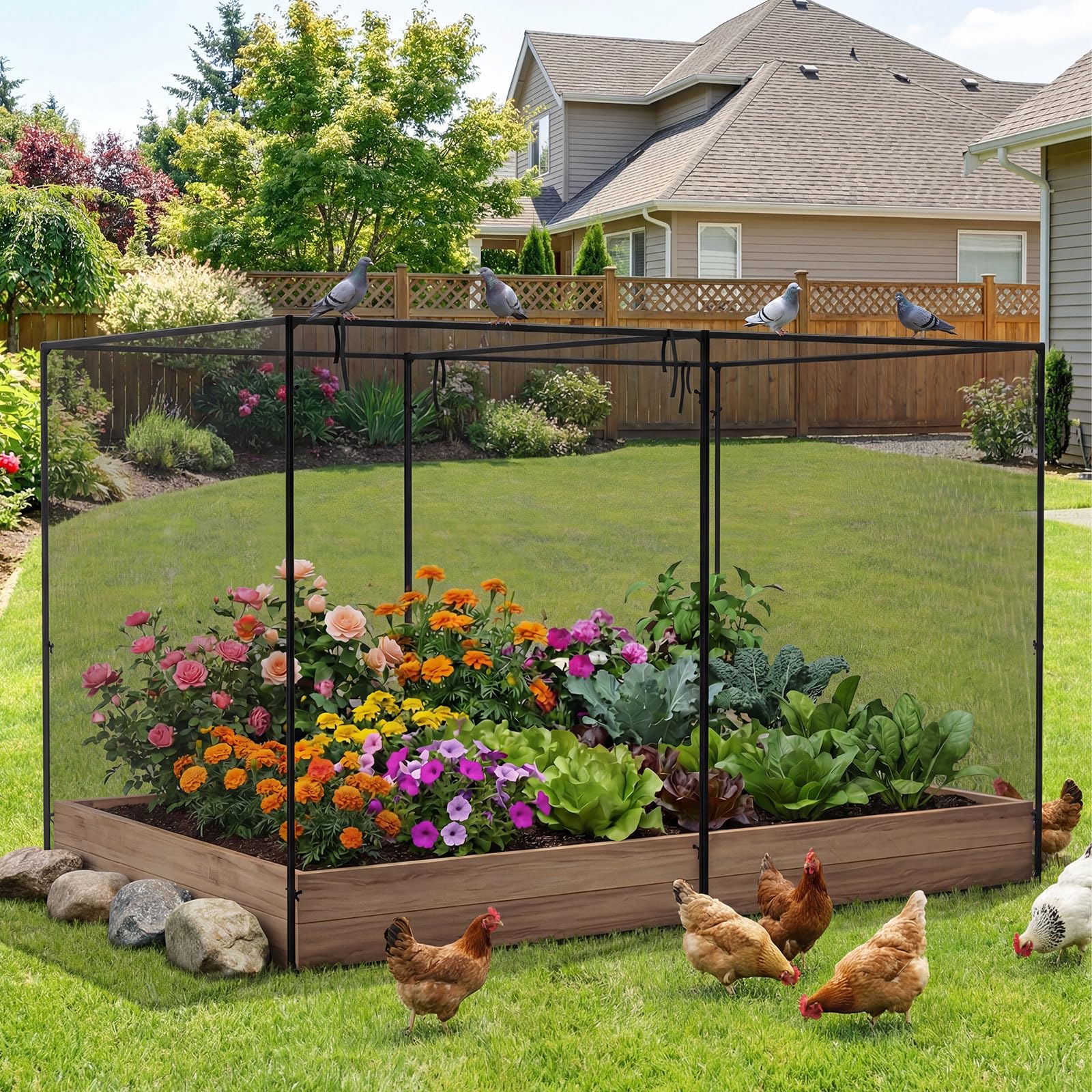 HOMASIS Pflanzenschutzzelt, Insektenschutznetz mit Metallrahmen, Gartennetz mit Tragetasche & Rolltor, Pflanzenschutzkäfig mit Metallheringen, Pflanzenzelt für Garten & Terrasse, 310x200x200cm