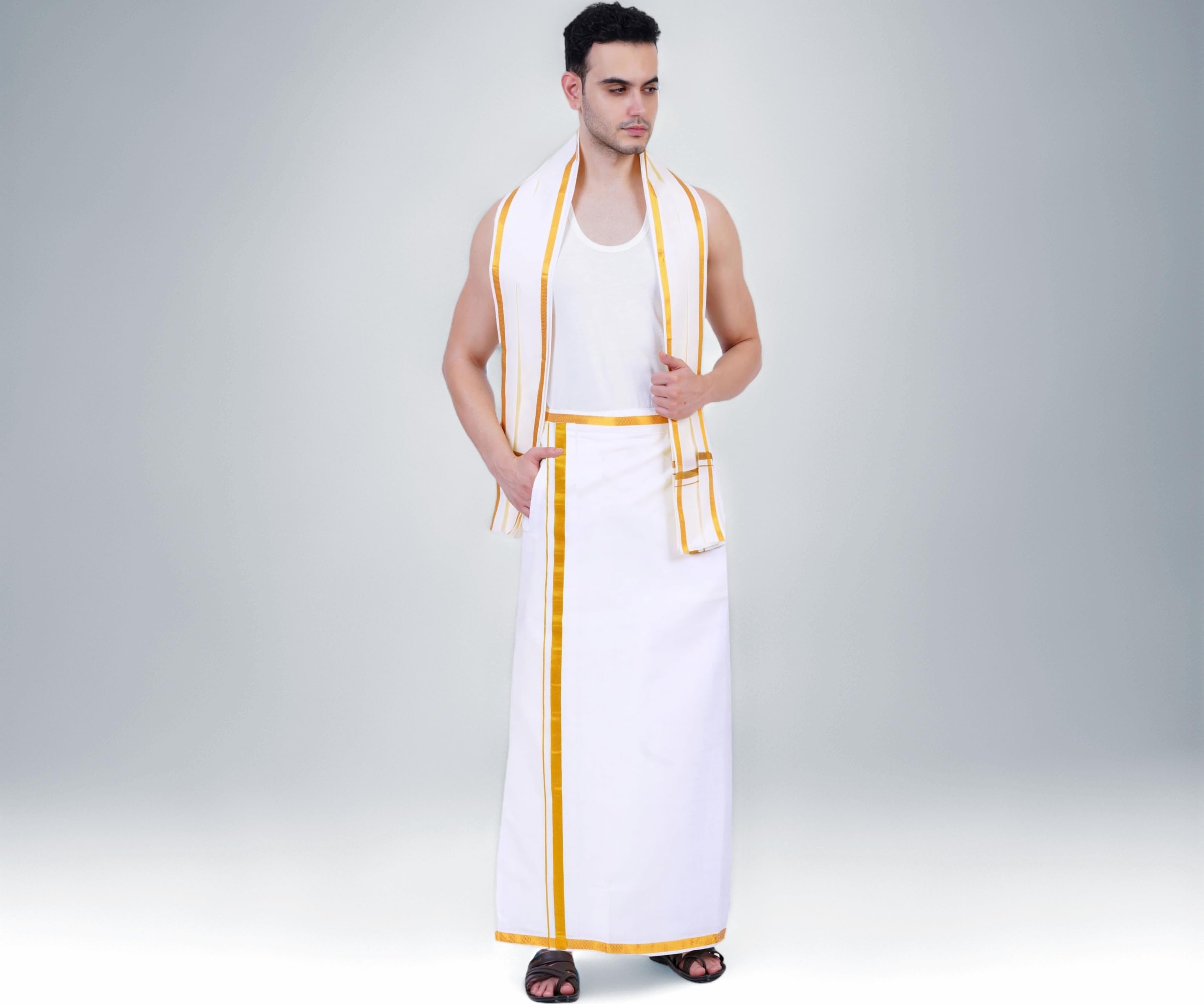 Mens White Colour Zari Cotton Welcro Pocket Dhoti with Matching Towel