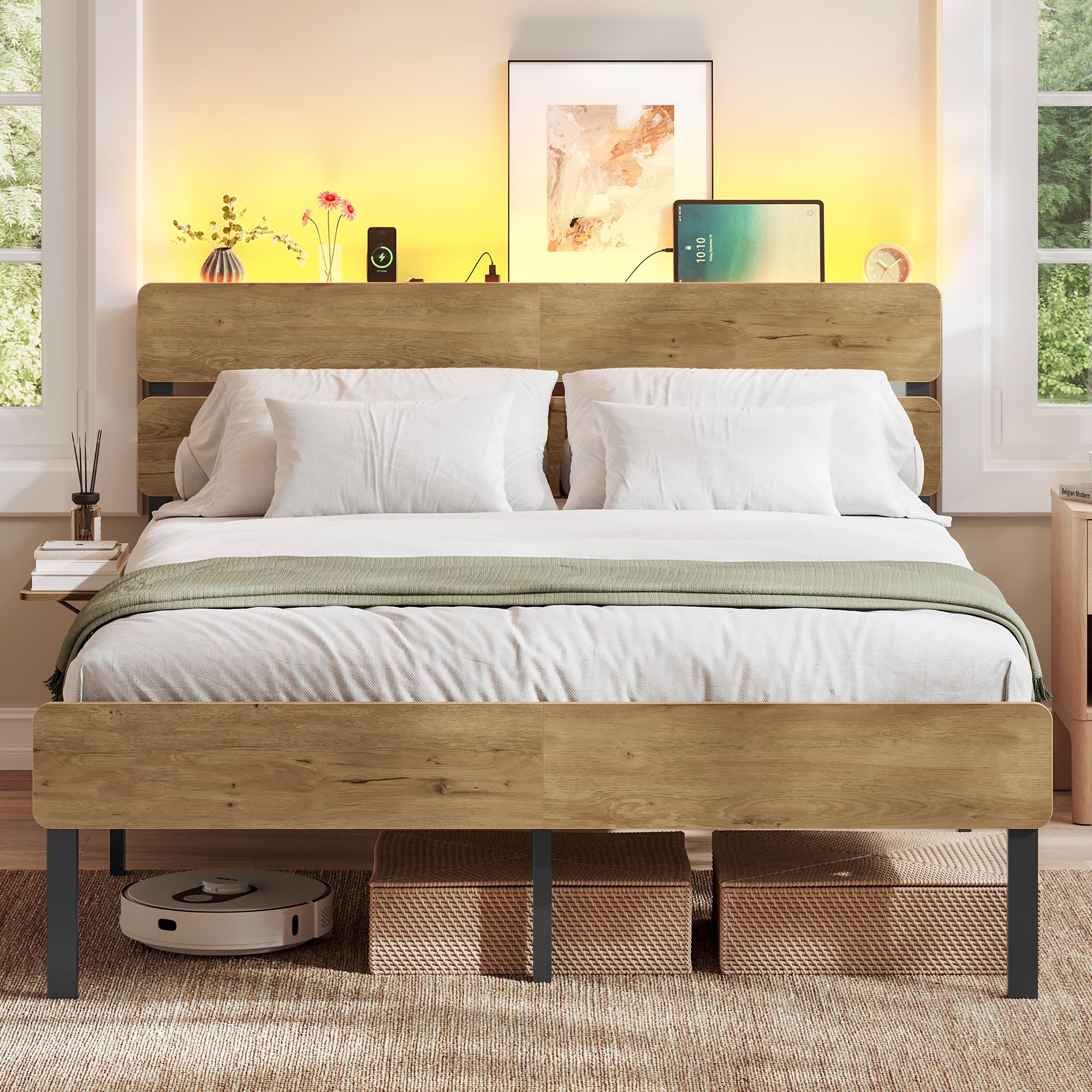 VASAGLE Cadre de Lit 140 x 190 avec Sommier Métal, Lit 2 Personnes, Éclairage LED, Port USB et Type-C, Espace de Rangement en Dessous, Style Industriel, Montage Facile, Marron Naturel RMB103K01