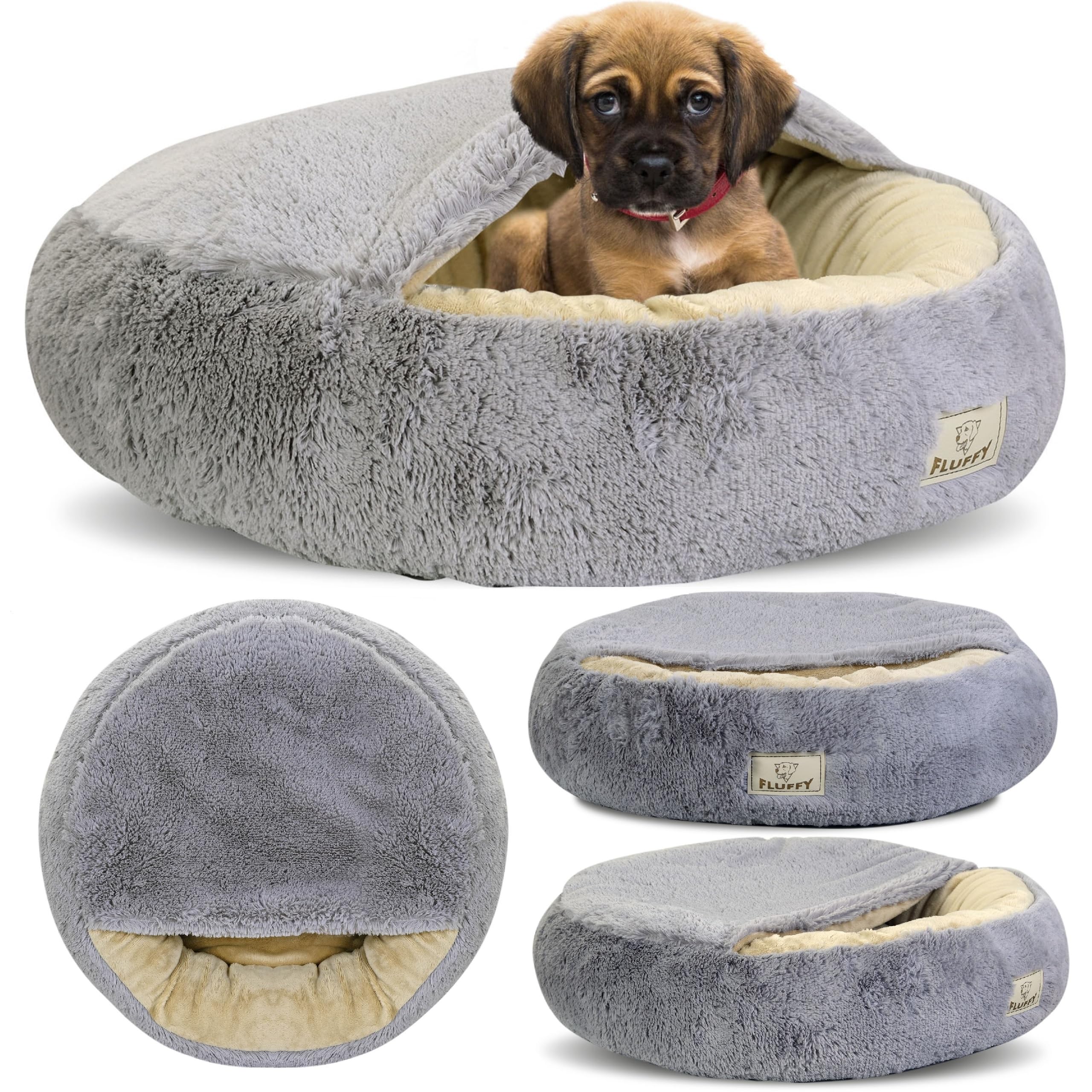 KING DOG Hundebett Ø 70 cm überdachtes Hundebett Katzenhöhle Donut-Bett Plüsch-Kunstfell-Nest Flauschiges Rundes Hundekissen Hundesofa Katzenbett für kleine mittelgroße Hunde
