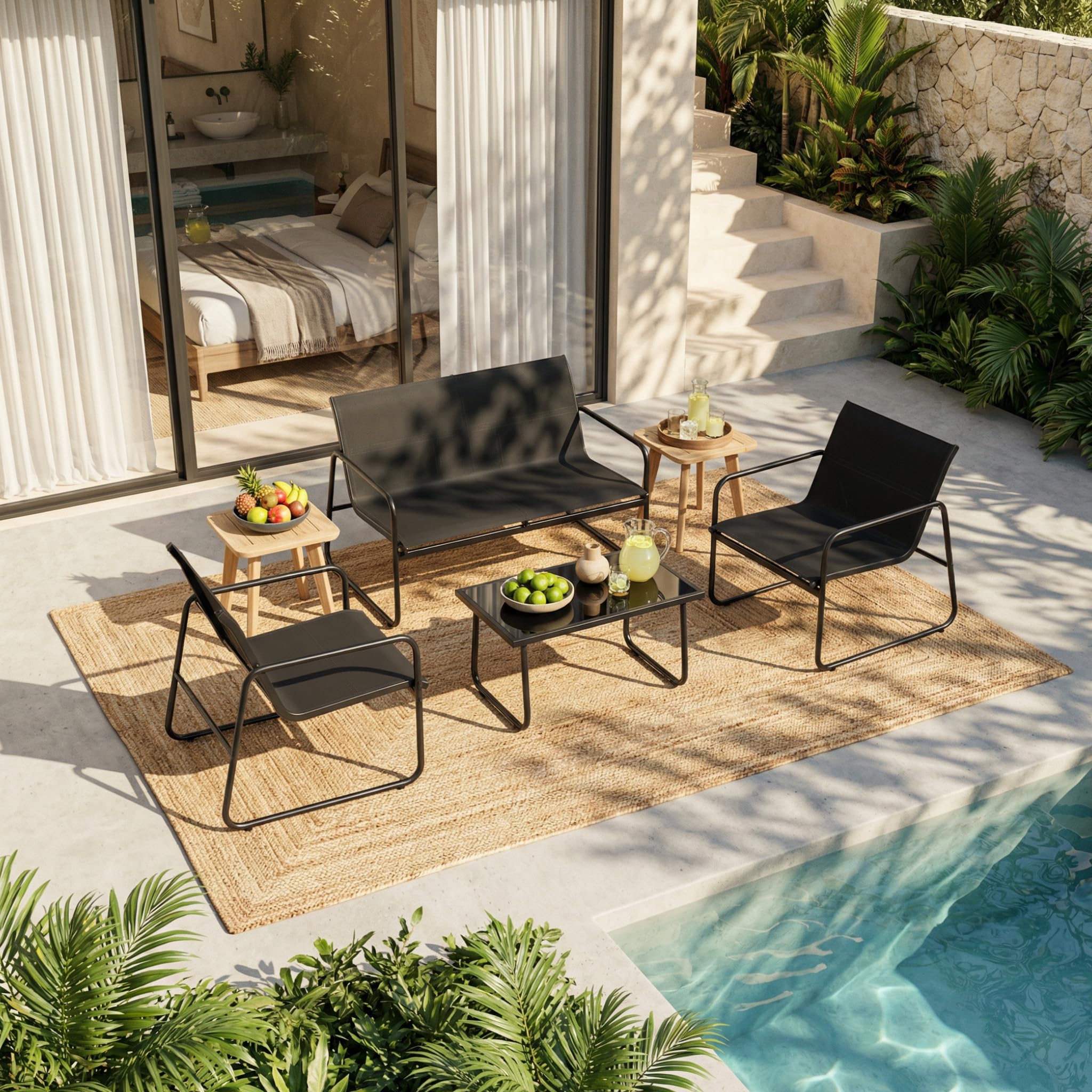 Mondeer Salon de Jardin Exterieur 4 Personnes, pour Terrasse Balcon (Noir) | Mobilier de Jardin avec 2 Places 2 fauteuils 1 Table Basse, Métal et Textilène