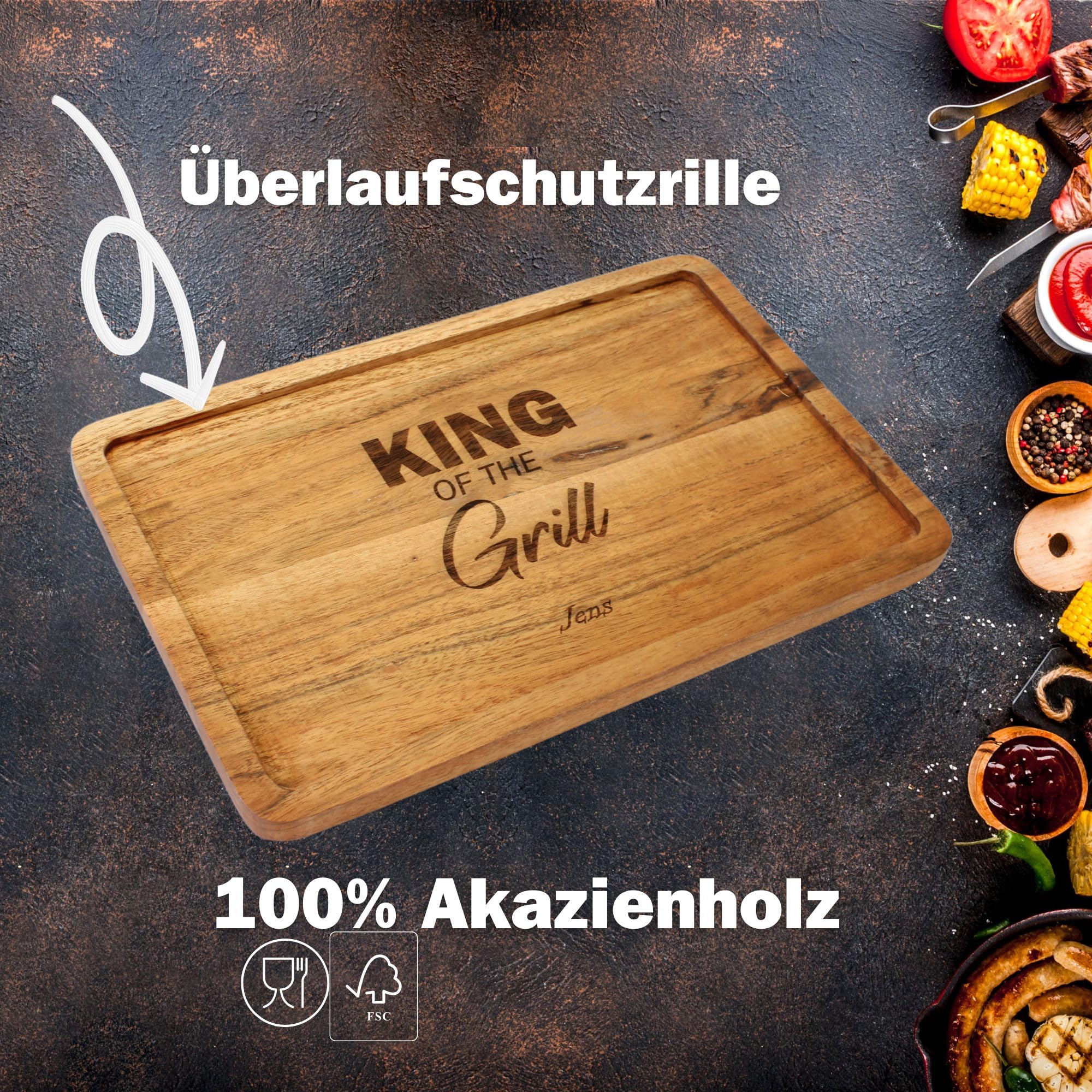 Grill-Set mit Gravur Edelstahl – BBQ Geschenkset OPTIONAL mit Akazienbrett – Grillzubehör für Männer Vater Geburtstag Opa Freund Vatertag (Set 4)