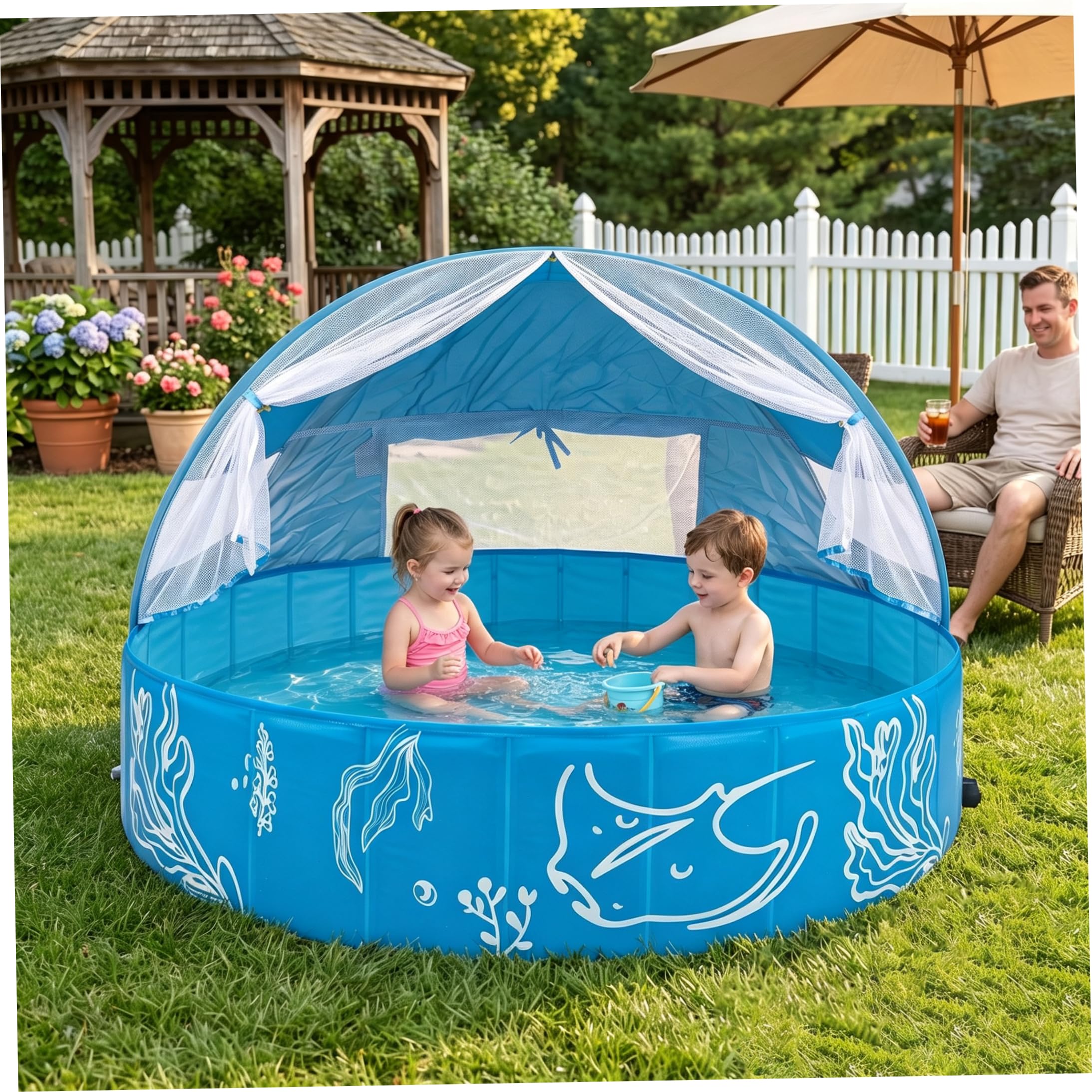 Piscine pour Enfants avec auvent, pataugeoire Pliable protégée Contre Les UV, Bleue