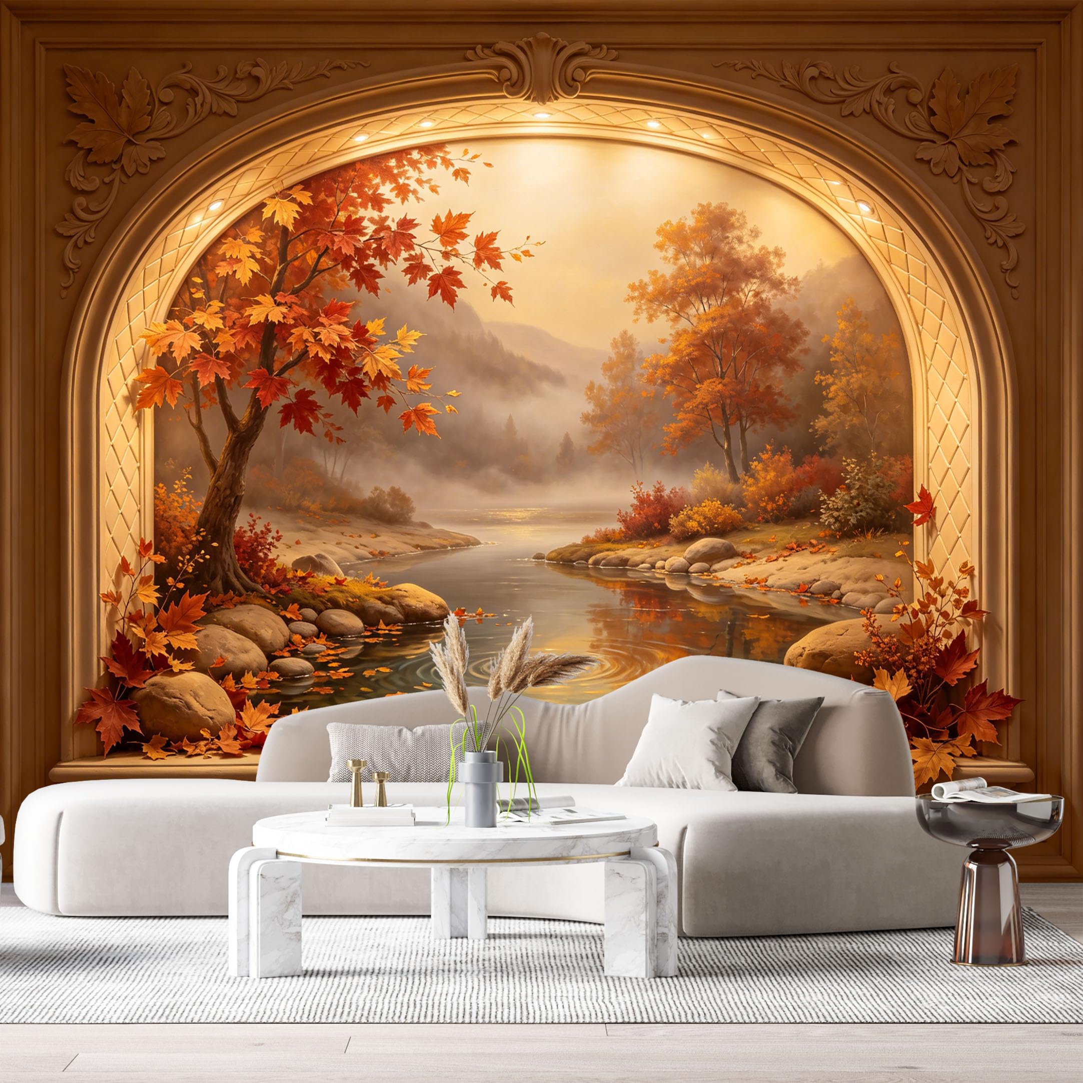 Custom Size Wall Murals Autumn Landscape Lake Maple Tree 3D Trompe L'Oeil SelfAdhesiveWall Fabric Removable Wallpaper Wall Decor for Living Room Bedroom Bathroom