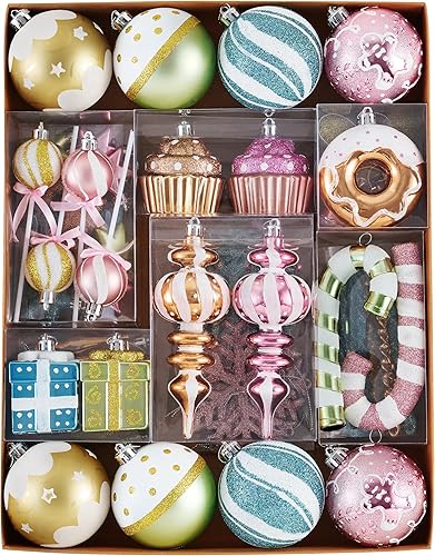 Valery Madelyn - Juego de adornos de esfera navideña, 80 piezas Candyland Macaron Pastel, inastillables para decoración de árbol de Navidad,