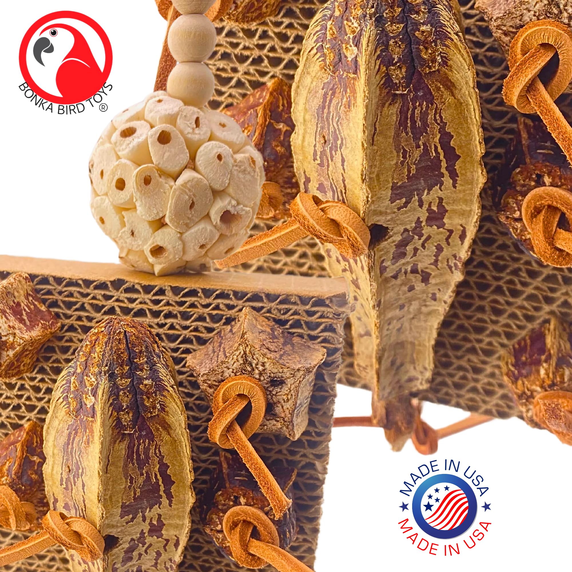 Bonka Bird Toys 1427 Mahogany Forage Block - 12" x 4" x 2" Durable Foraging & Chew Toy for Small to Medium Birds, Includes Sola Ball, Wooden Beads, Soft Leather Strands, Mahogany Chunks & Pods - image 6