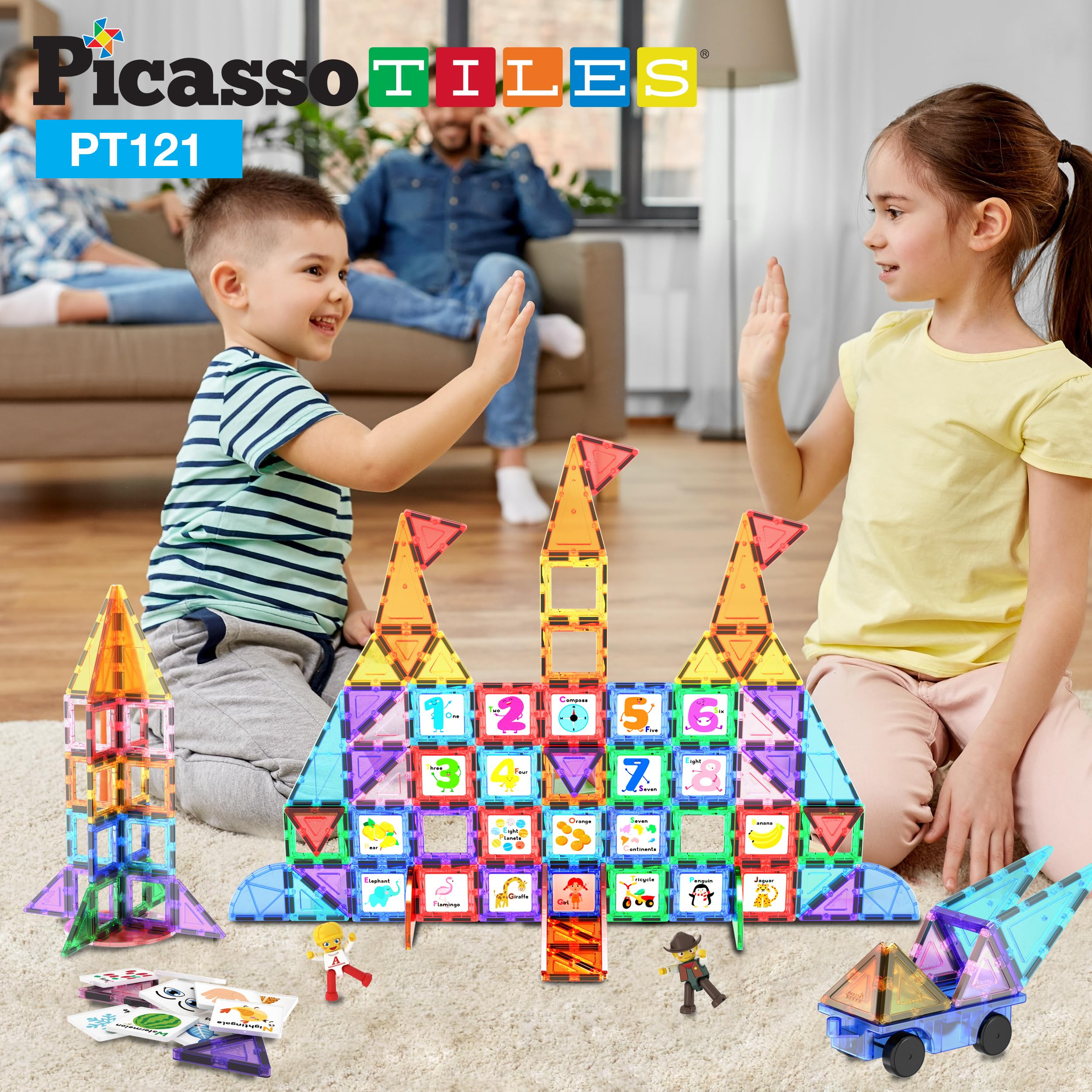 PicassoTiles 121pc Master Builder Magnetic Building Block Construction Set Blocs de tuiles aimantées avec Camion de Voiture, 2 Figurines d'action de caractère, 28 Animaux de l'alphabet éducatif