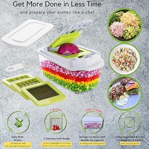 Brieftons QuickPush Food Chopper: Strongest & 200% More Container Capacity, 30% Heavier Duty, For Onion, Fruit and Vegetable Chopping, with 3 Dicer Cutter Blades, Keep-Fresh Lid, and 5 Recipe Ebooks