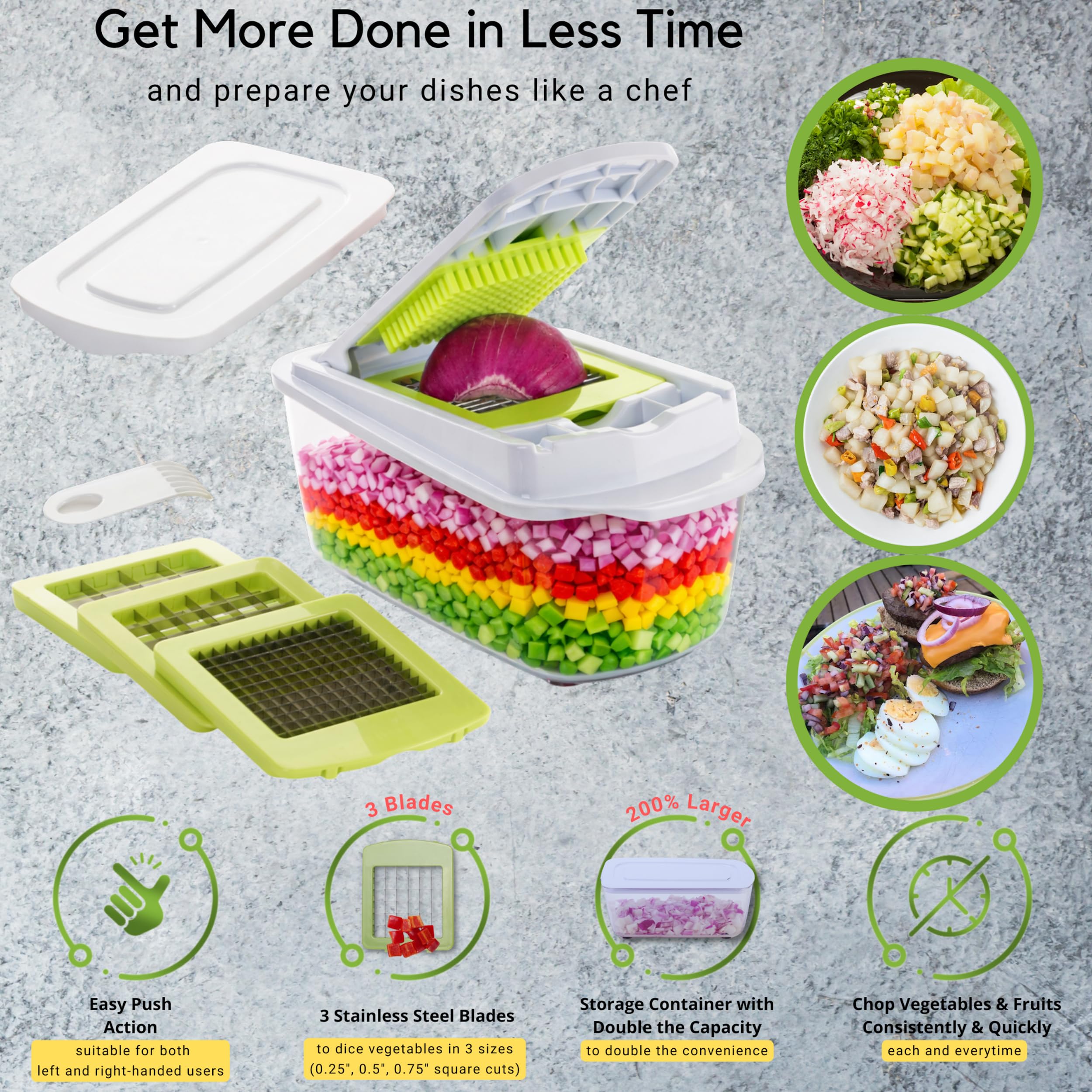Cortador de alimentos Brieftons QuickPush, White Green, 3 Blades
