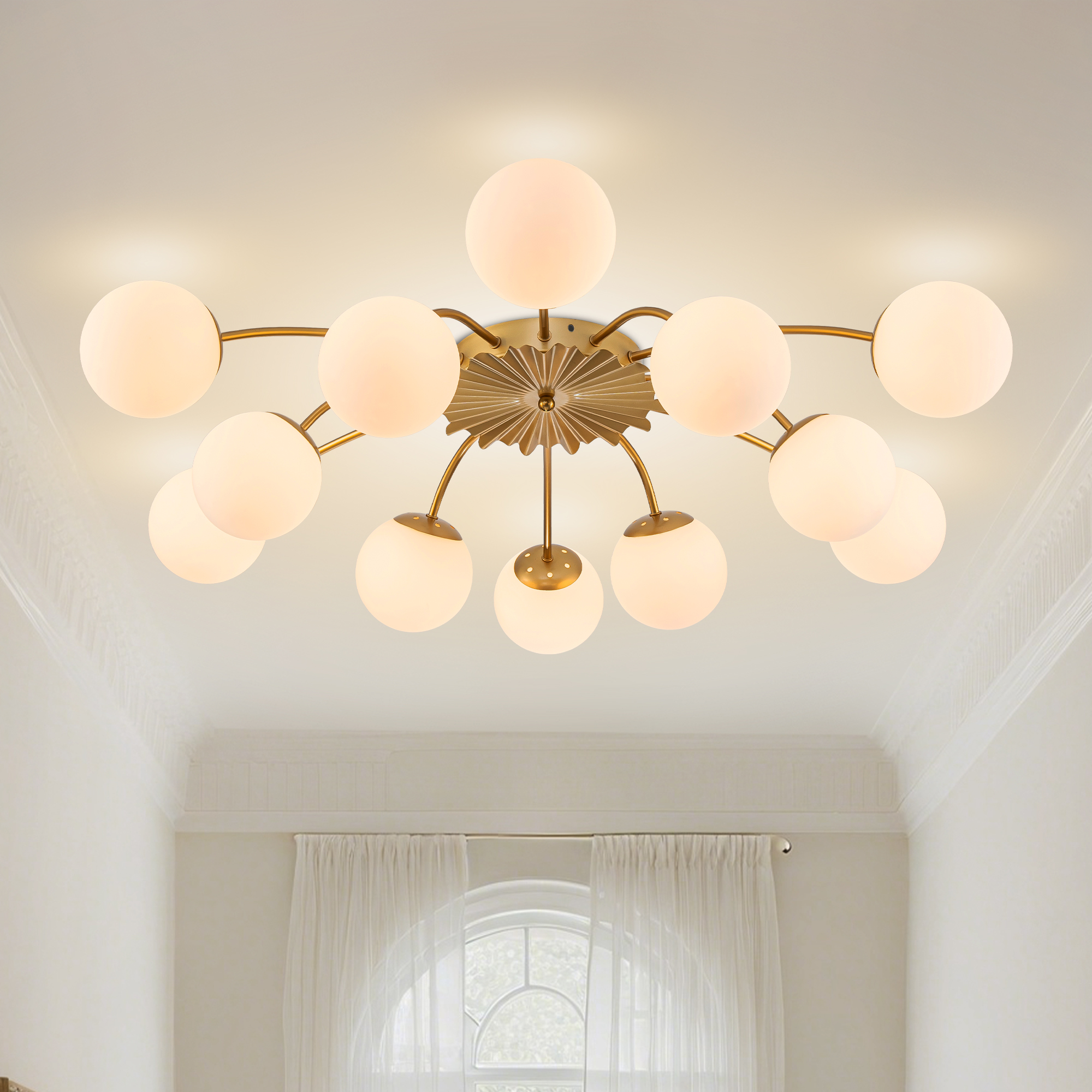 Longree 12-Light Gold and White Sputnik Chandelier Flush Mount