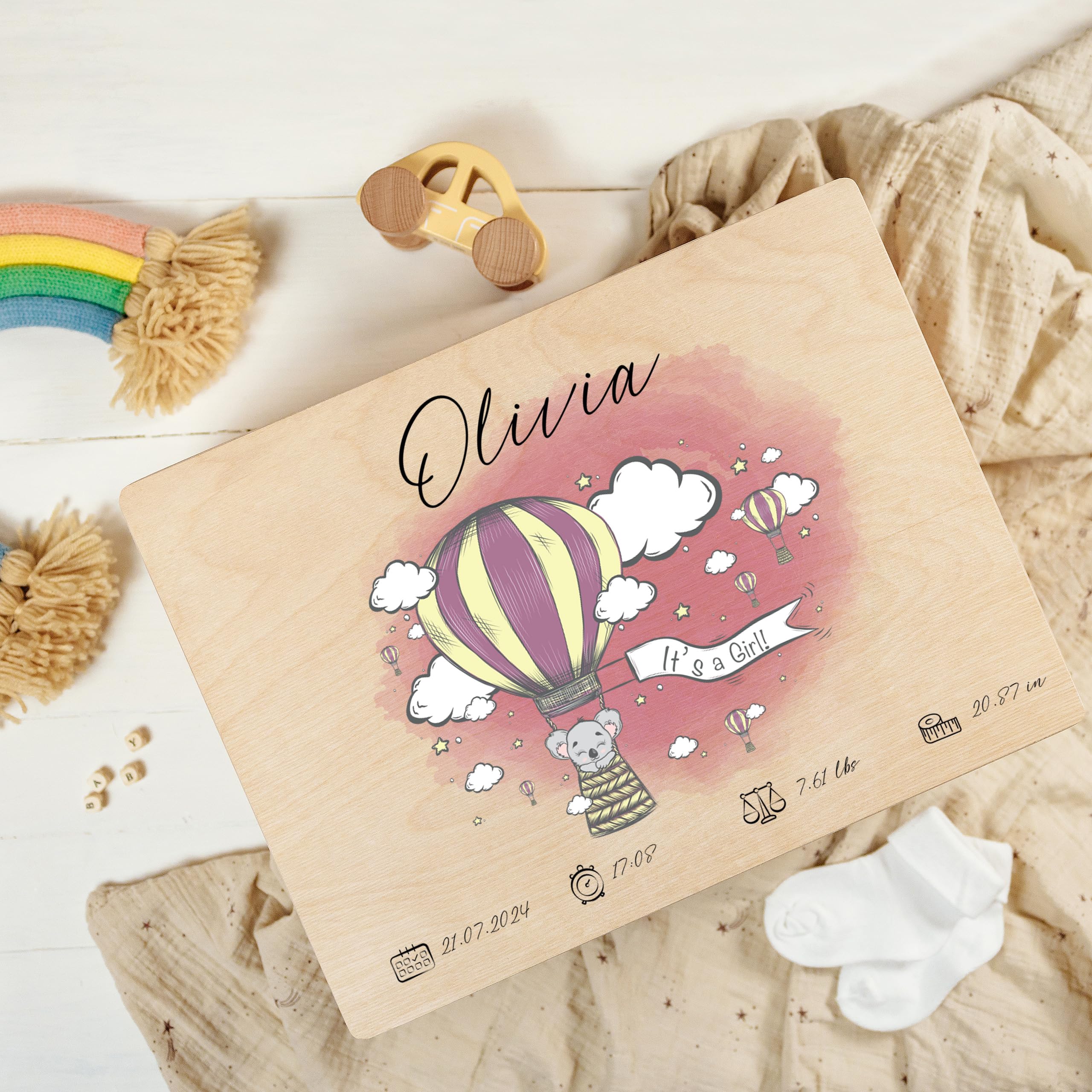 Scatola Ricordi Neonato Personalizzata In Legno - Regalo Nascita Con Incisione Nome E Dati
