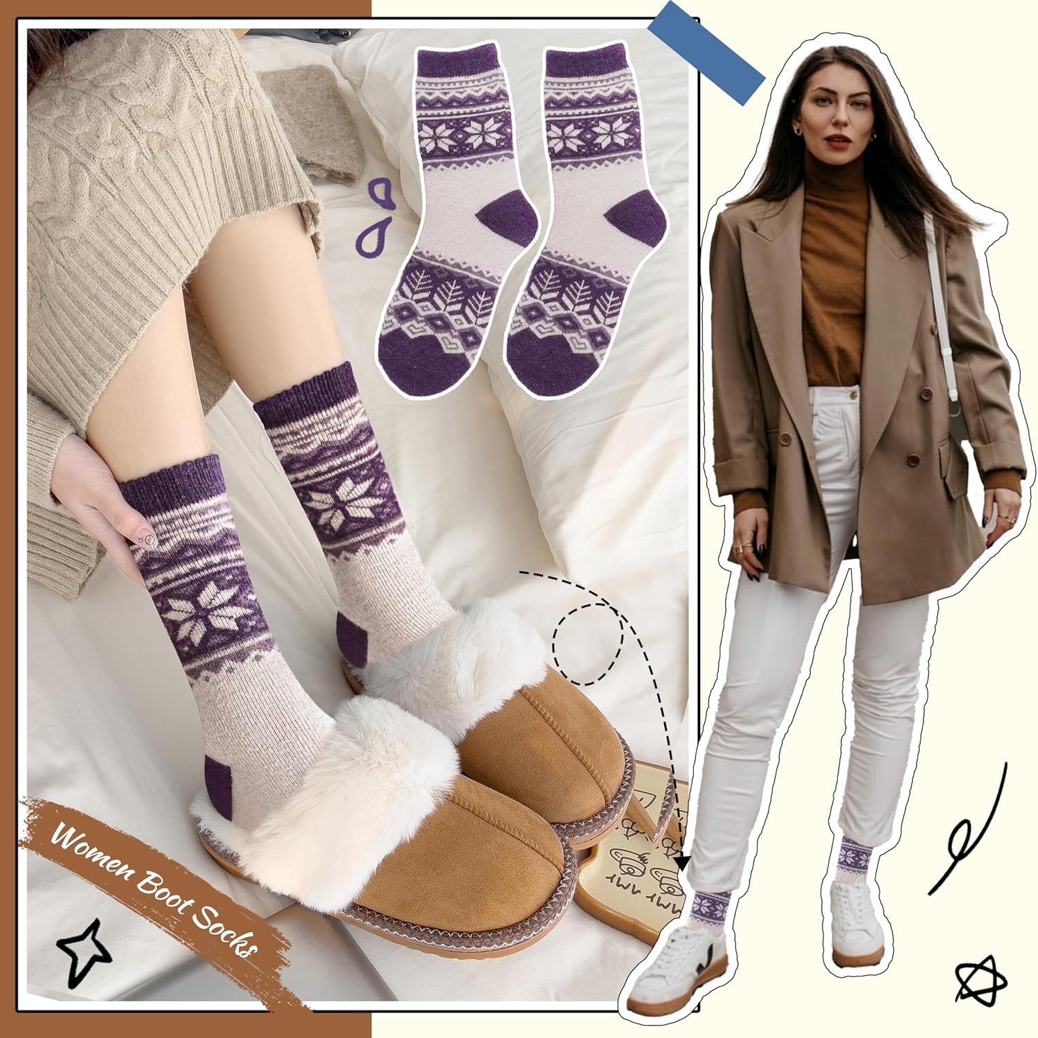 EBMORE Merino Wool Socks for Women Hiking Thermal Warm Winter Thick Boot Cozy Crew Comfy Work Socks for Ladies 5 Pairs - Image 4